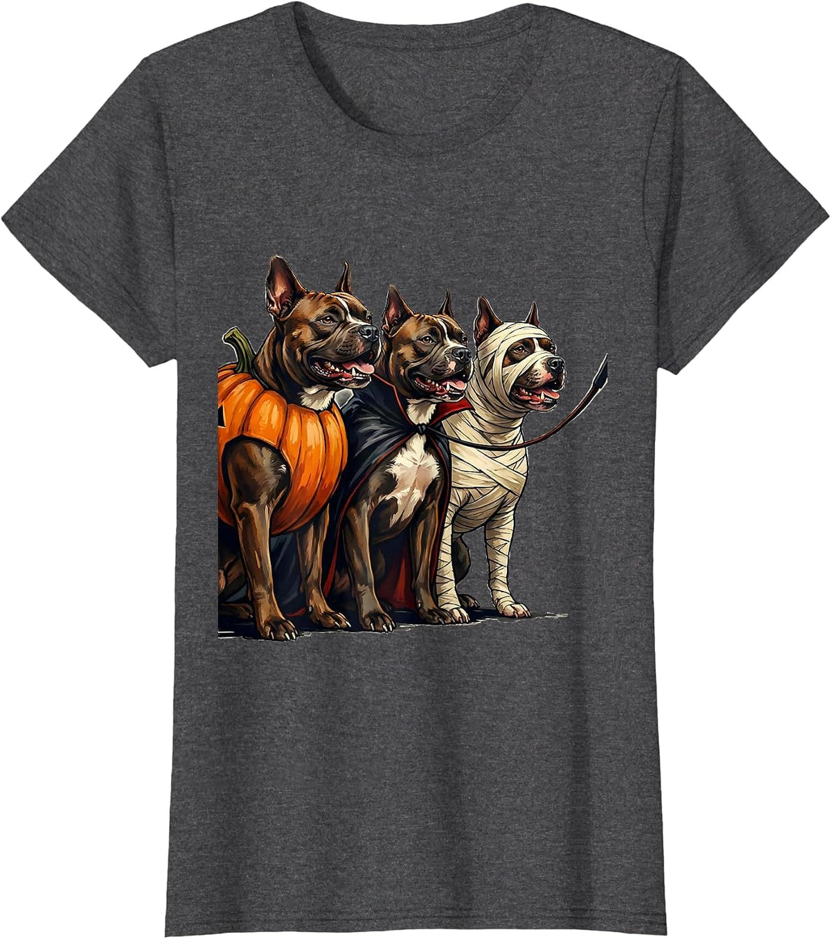 Women's Pit Bull Terrier Squad Pumpkin Vampire Mummy Halloween Dog T-Shirt - Dark Heather Grey