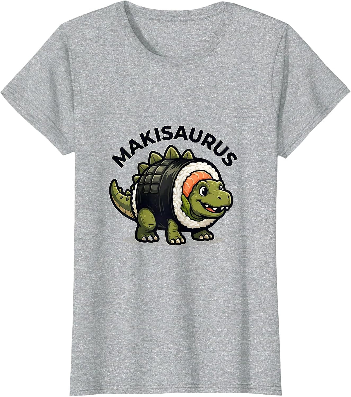 Makisaurus Kawaii Dinosaur Sushi Lover Novelty Mascot T-Shirt - Heather Grey