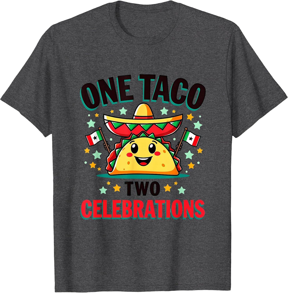 One Taco Two Celebrations Cinco de Mayo Design T-Shirt - Dark Heather Grey