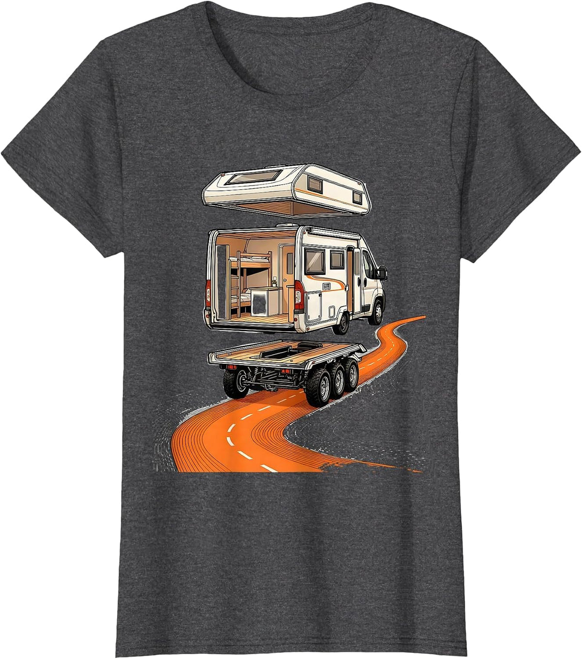 Women's Camper Van Exploded View Retro Van Life Nomads T-Shirt - Dark Heather Grey