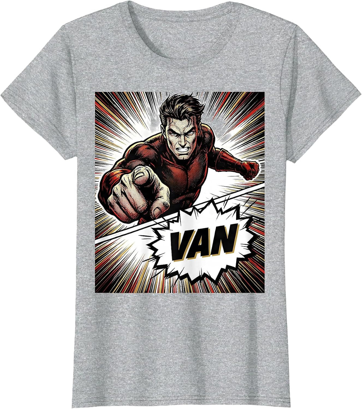 Women's VAN Comic Book Bold Typography Van Life Traveler Road Trip T-Shirt - Heather Grey