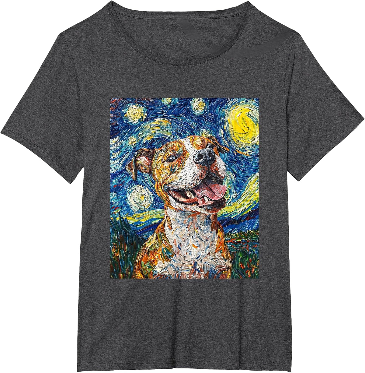 Pitbull Dog Pittie Van Gogh Style Starry Night Graphic T-Shirt - Dark Heather Grey