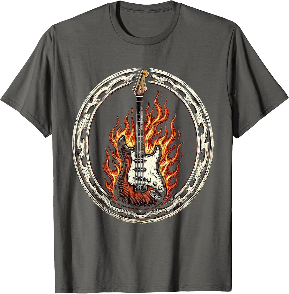 Flaming Electric Guitar Punk Rock Graphic T-Shirt - Asphalt Grey