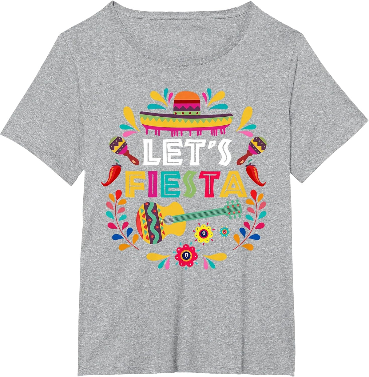 Lets Mexican Fiesta Cinco De Mayo Party Colourful Guitar Fun T-Shirt - Heather Grey