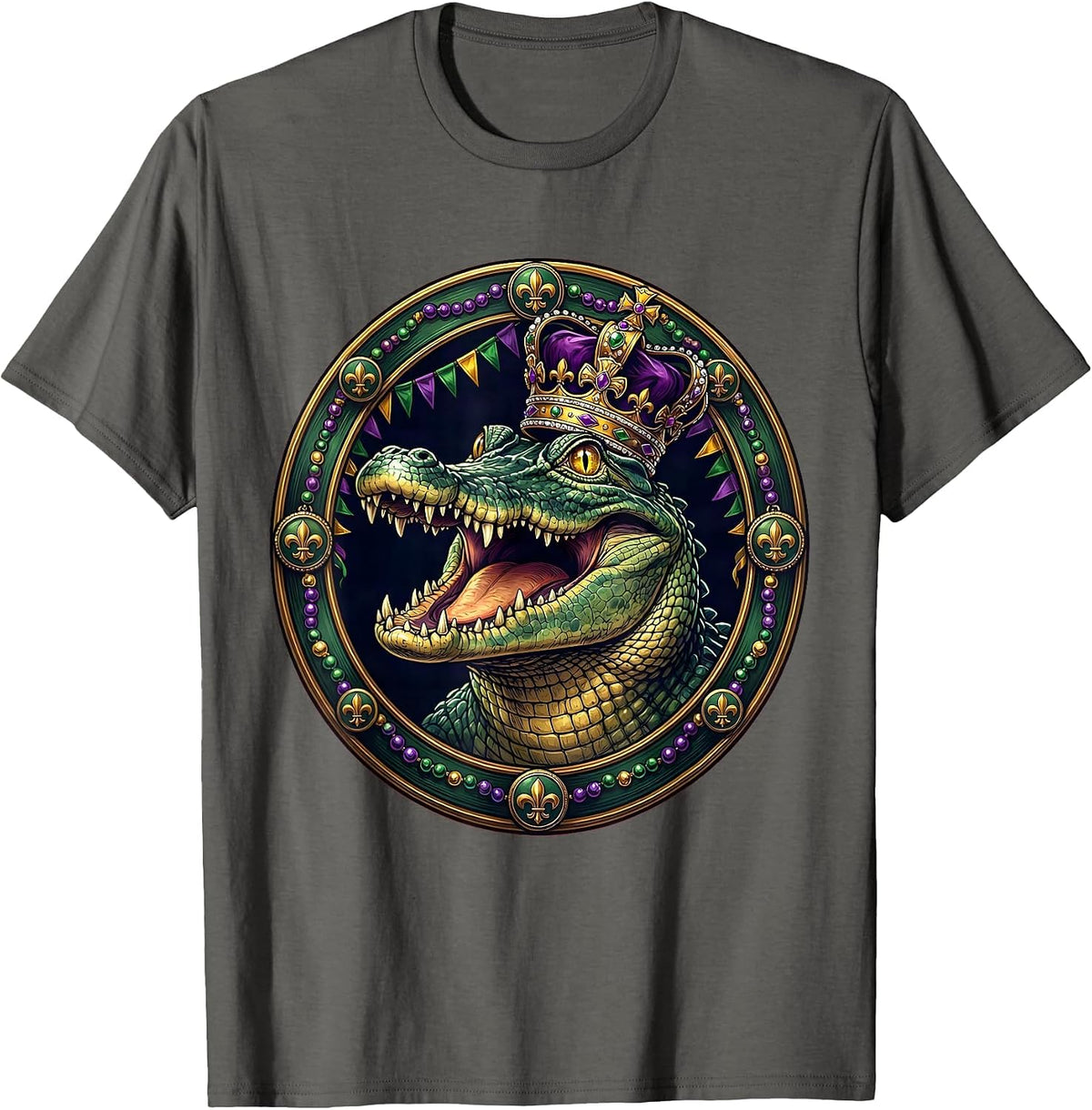 Mardi Gras Alligator Parade Crown Illustration T-Shirt - Asphalt Grey