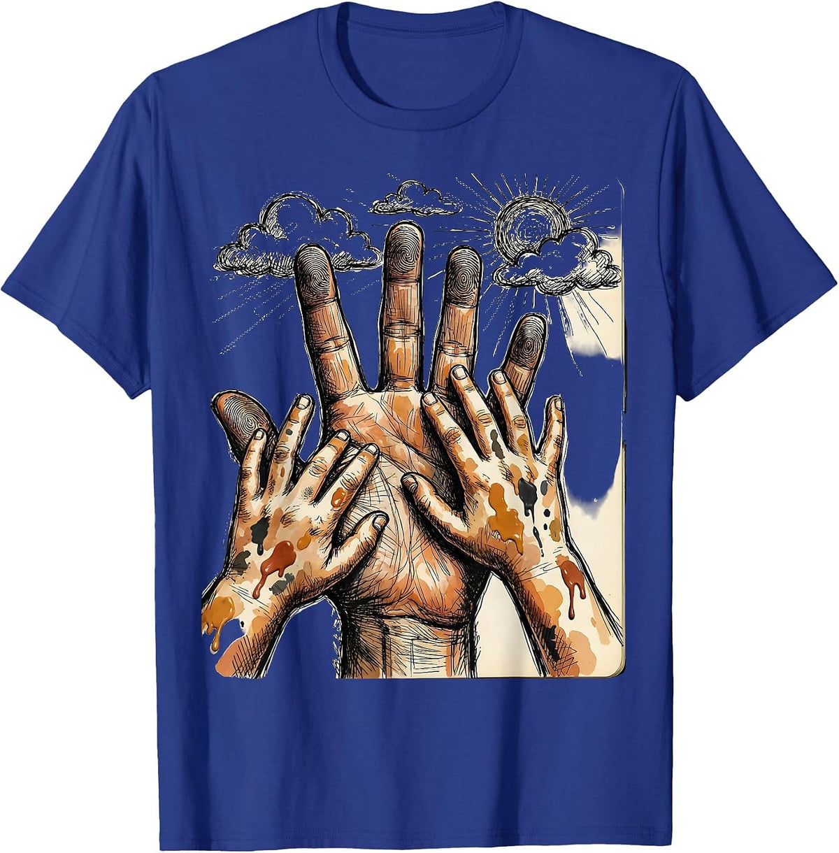 Daycare Teacher Paint Hands Reaching Sky Design T-Shirt - Royal Blue