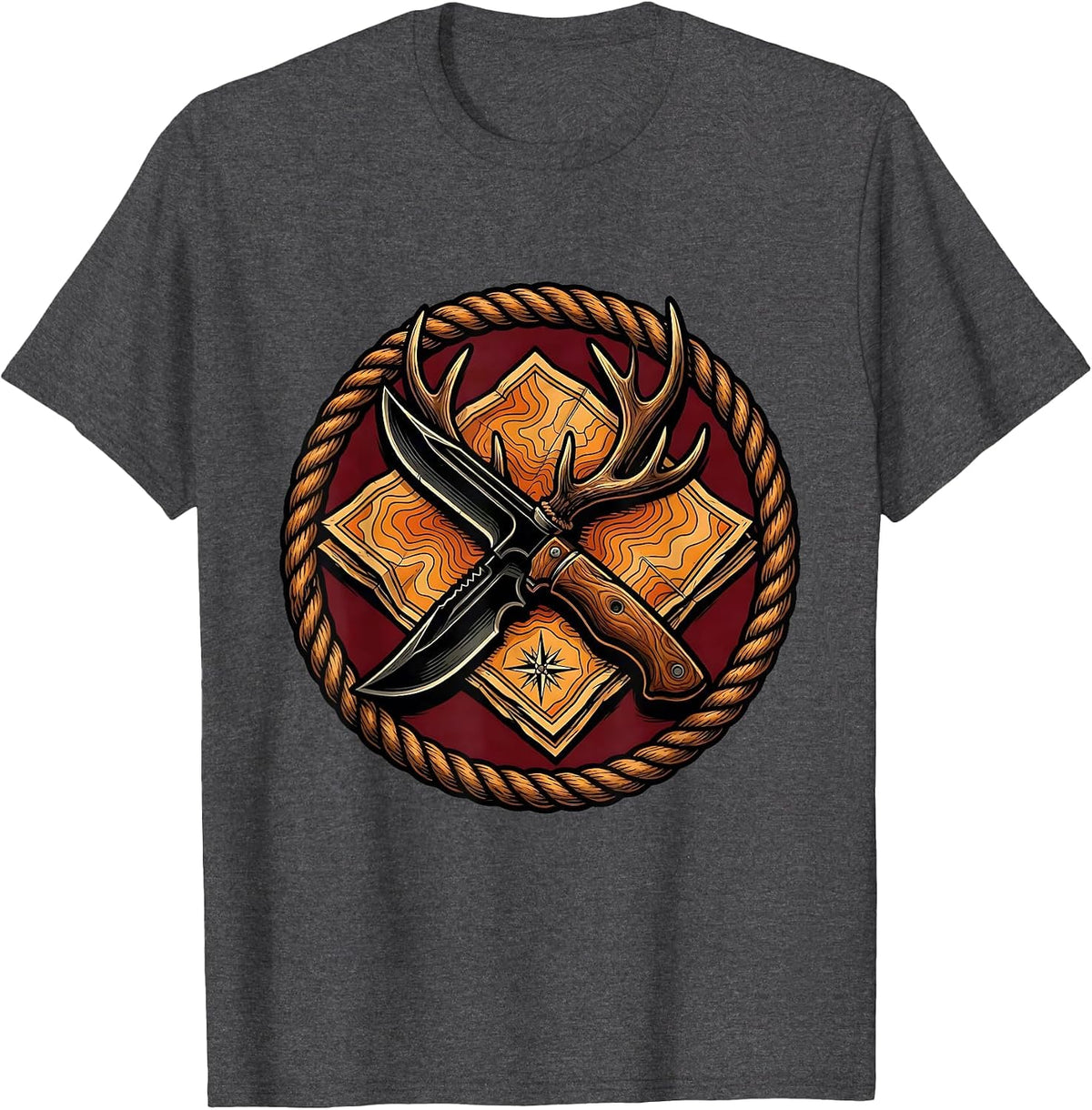 Knife and Antler on Map Hunting Graphic T-Shirt - Dark Heather Grey