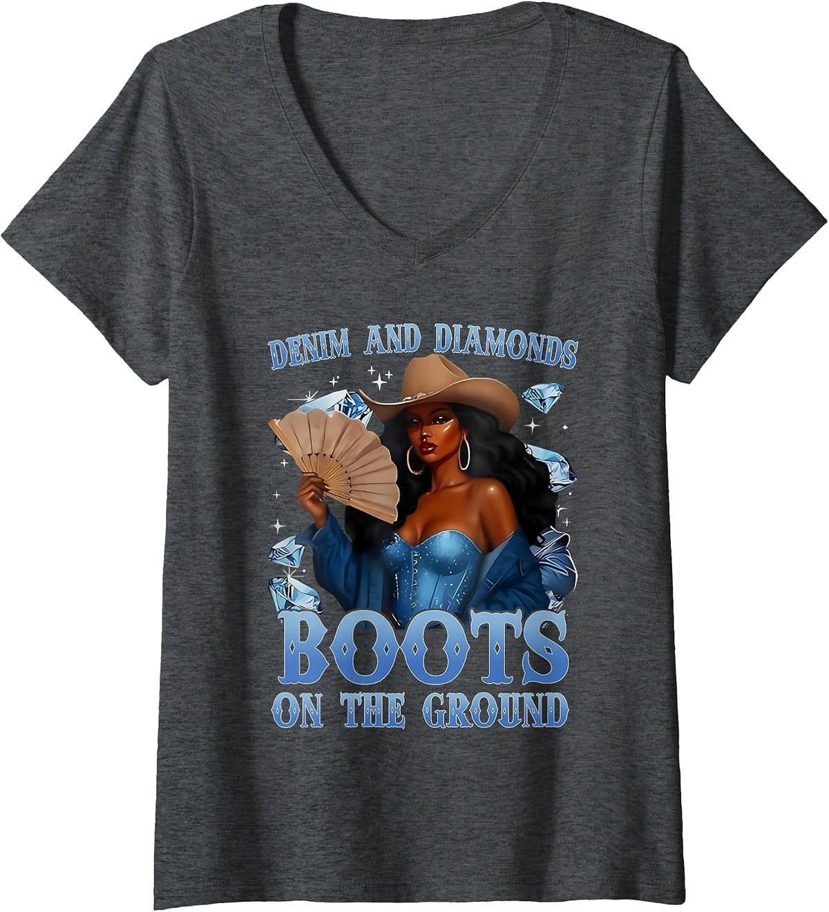 Women's Western Cowgirl Denim and Diamonds Boots On Ground Afro Girl V-Neck T-Shirt - Dark Heather Grey