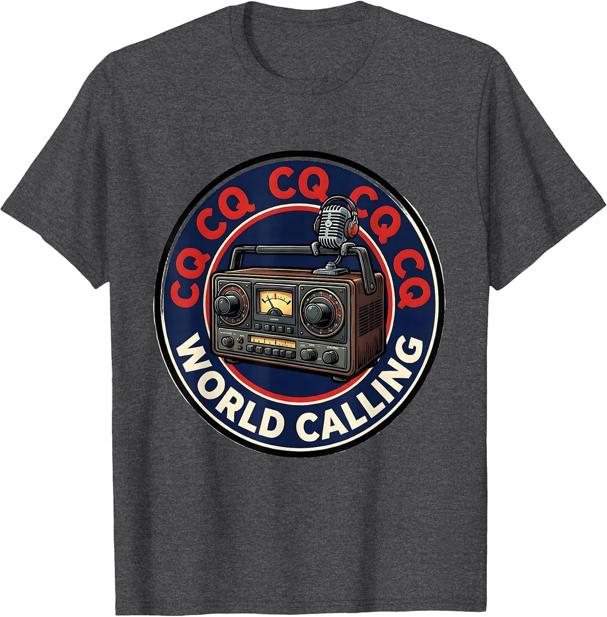 CQ CQ CQ, World Calling Vintage Ham Radio Design T-Shirt - Dark Heather Grey