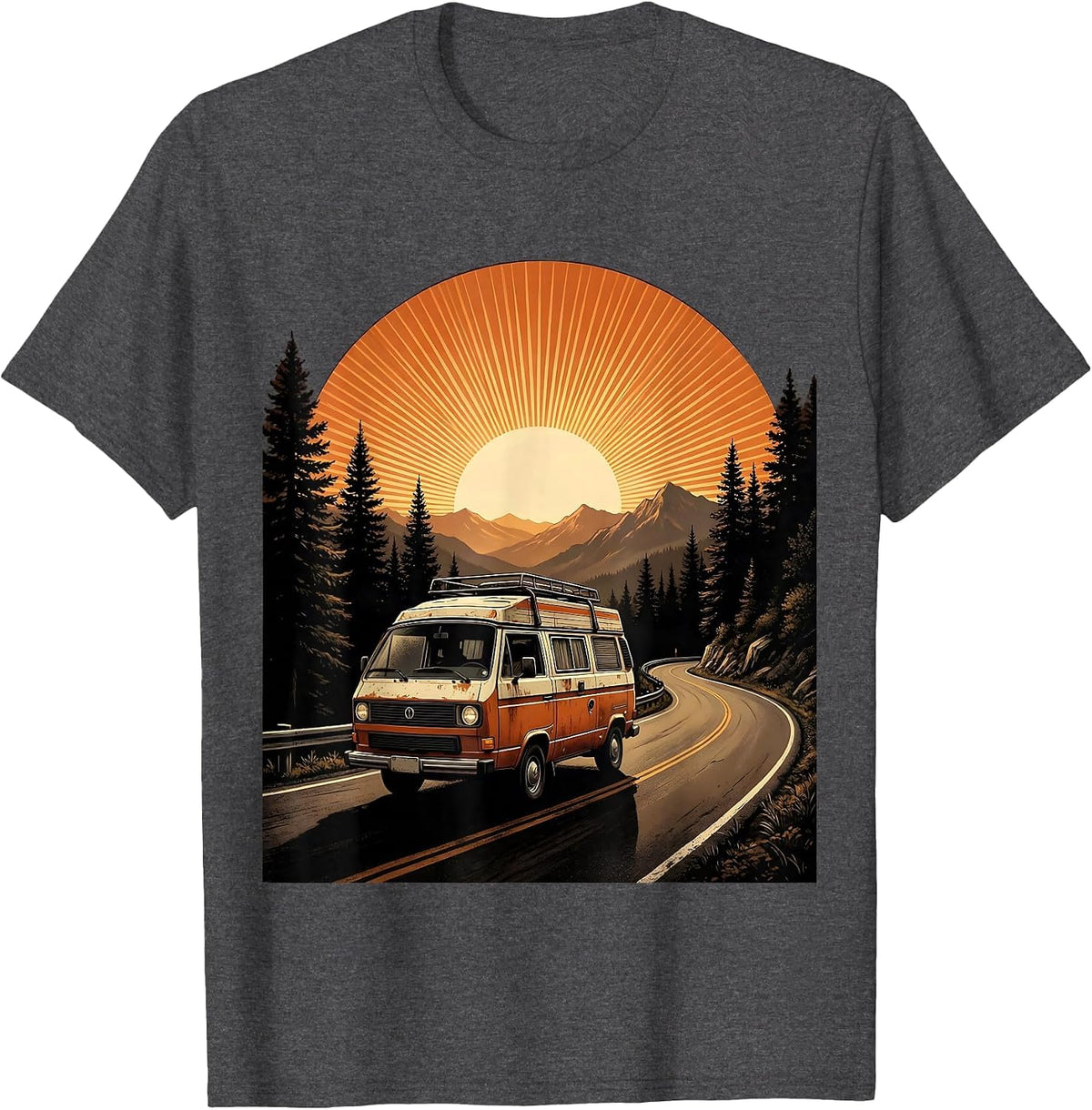 Retro Camper Van Sunset Mountain Road T-Shirt - Dark Heather Grey