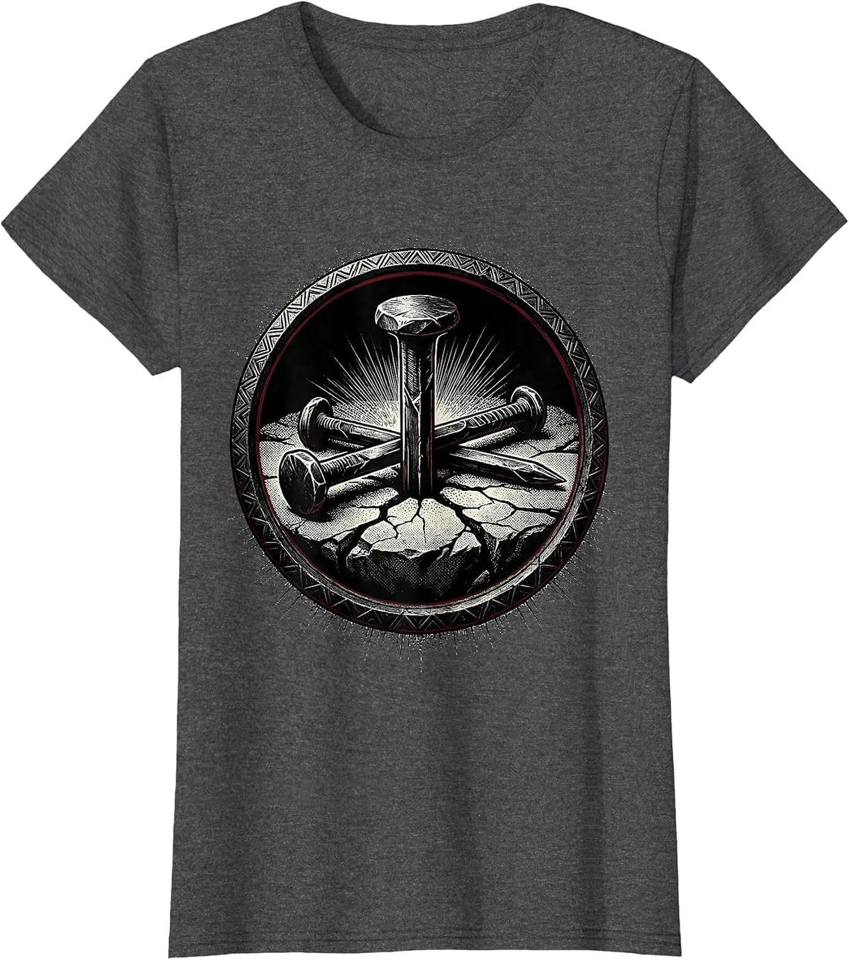 Women's Three Nails Cross Stone Ground Christian Art T-Shirt - Dark Heather Grey