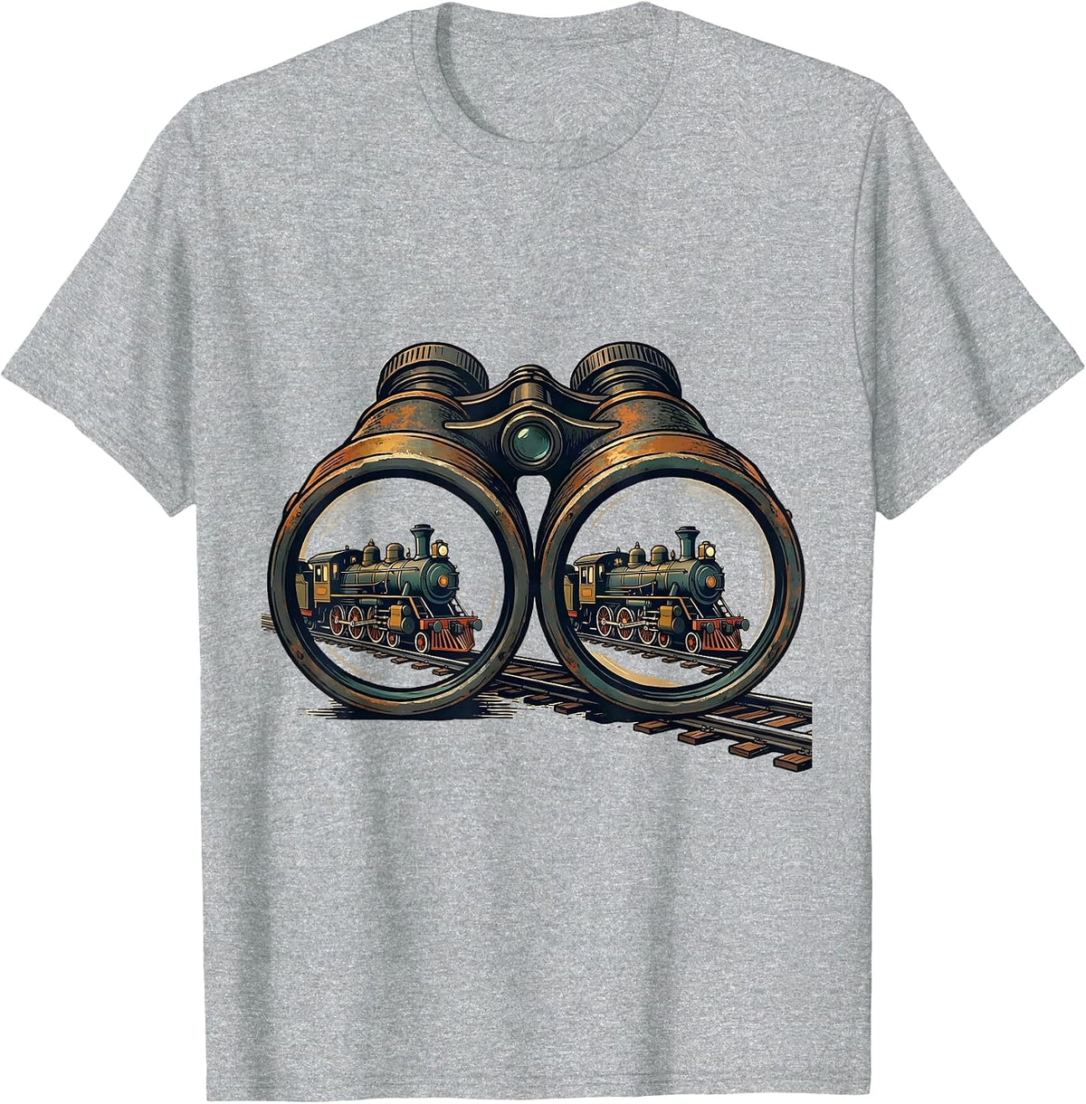 Men's Oversized Binoculars Steam Locomotive Train Enthusiast Humor T-Shirt - Heather Grey