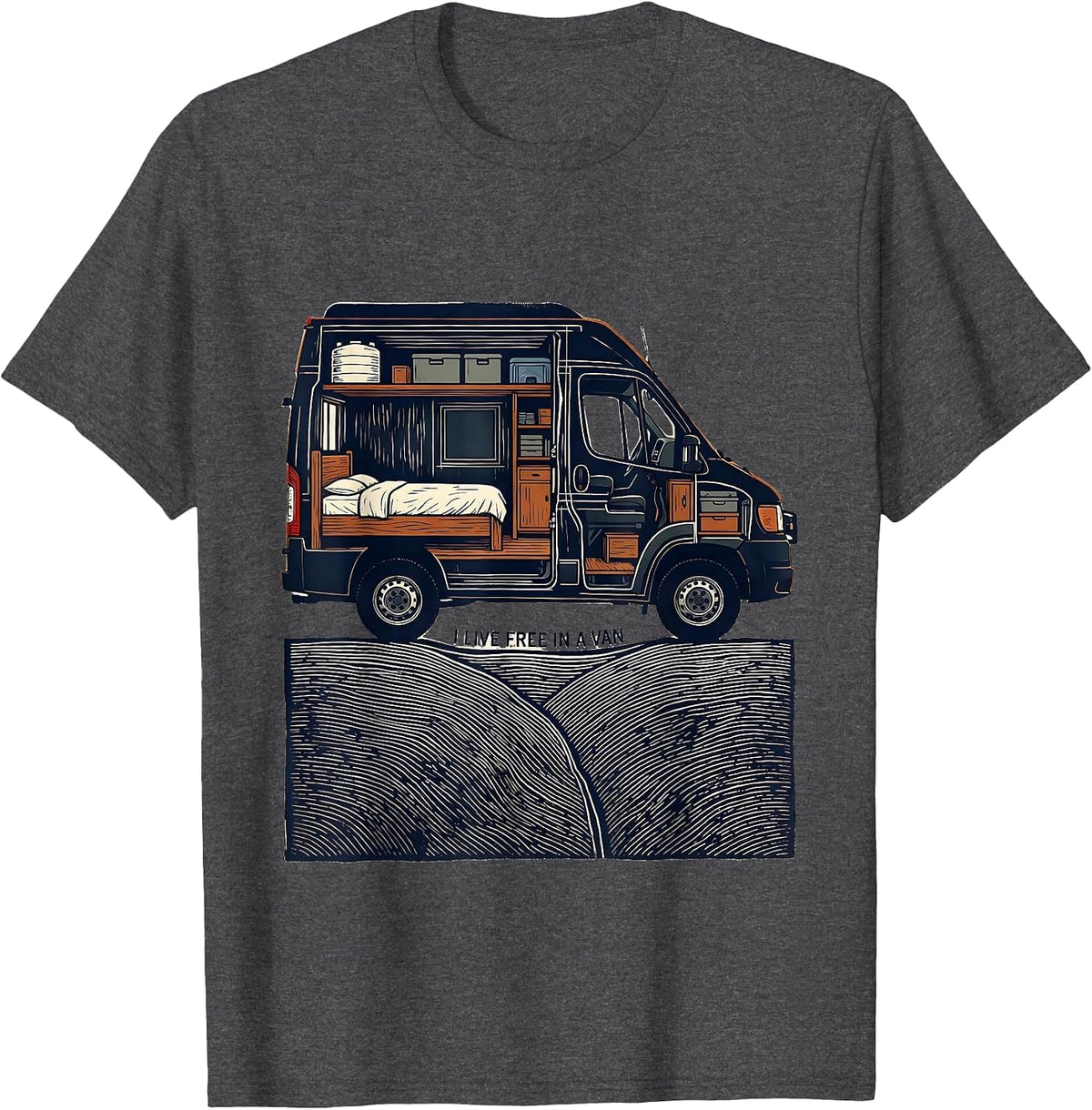 Men's I Live Free In A Van Retro Van Life Nomads Dwellers T-Shirt - Dark Heather Grey