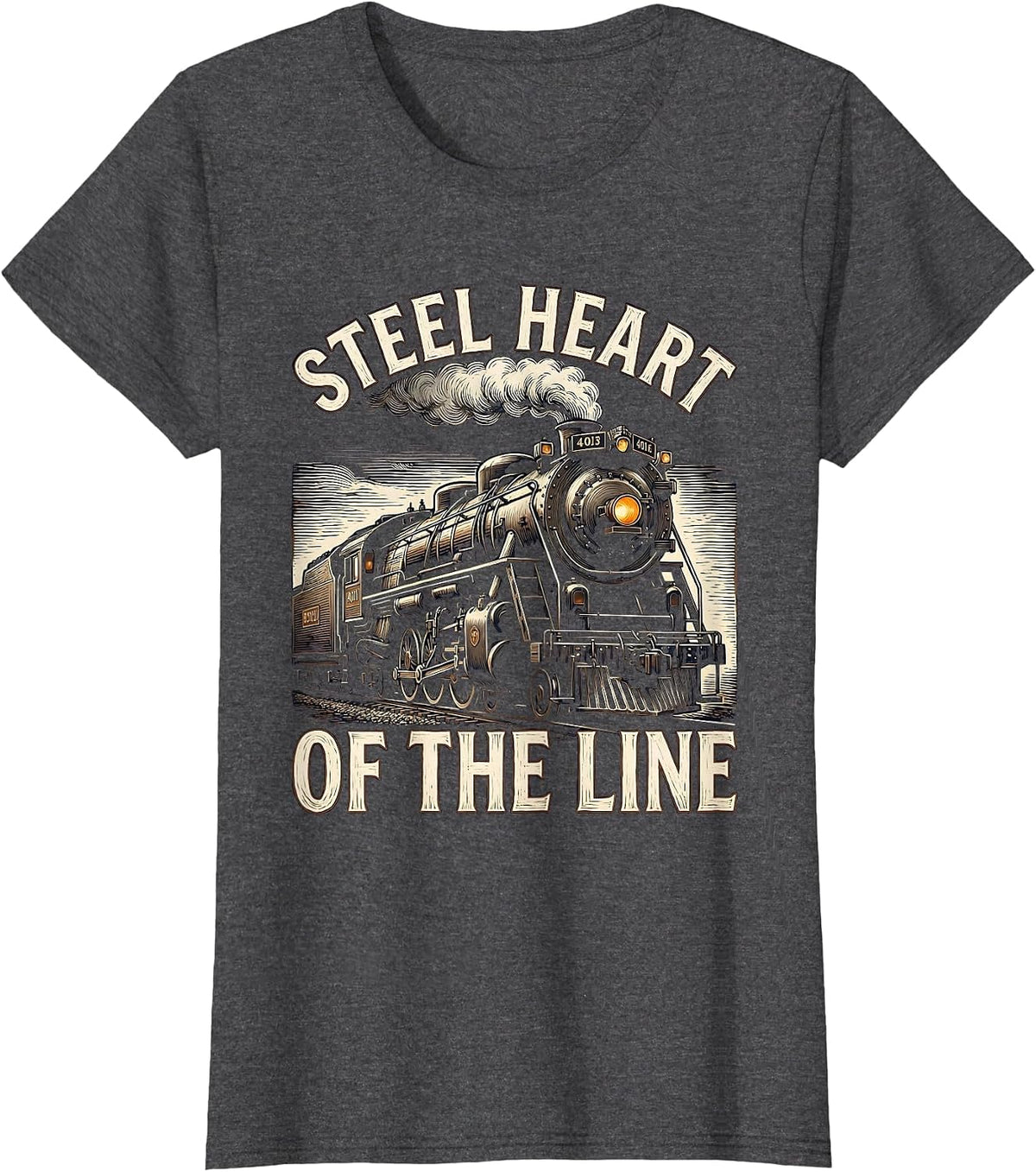Women's Steel Heart Of The Line Vintage Steam Locomotive Railroad T-Shirt - Dark Heather Grey