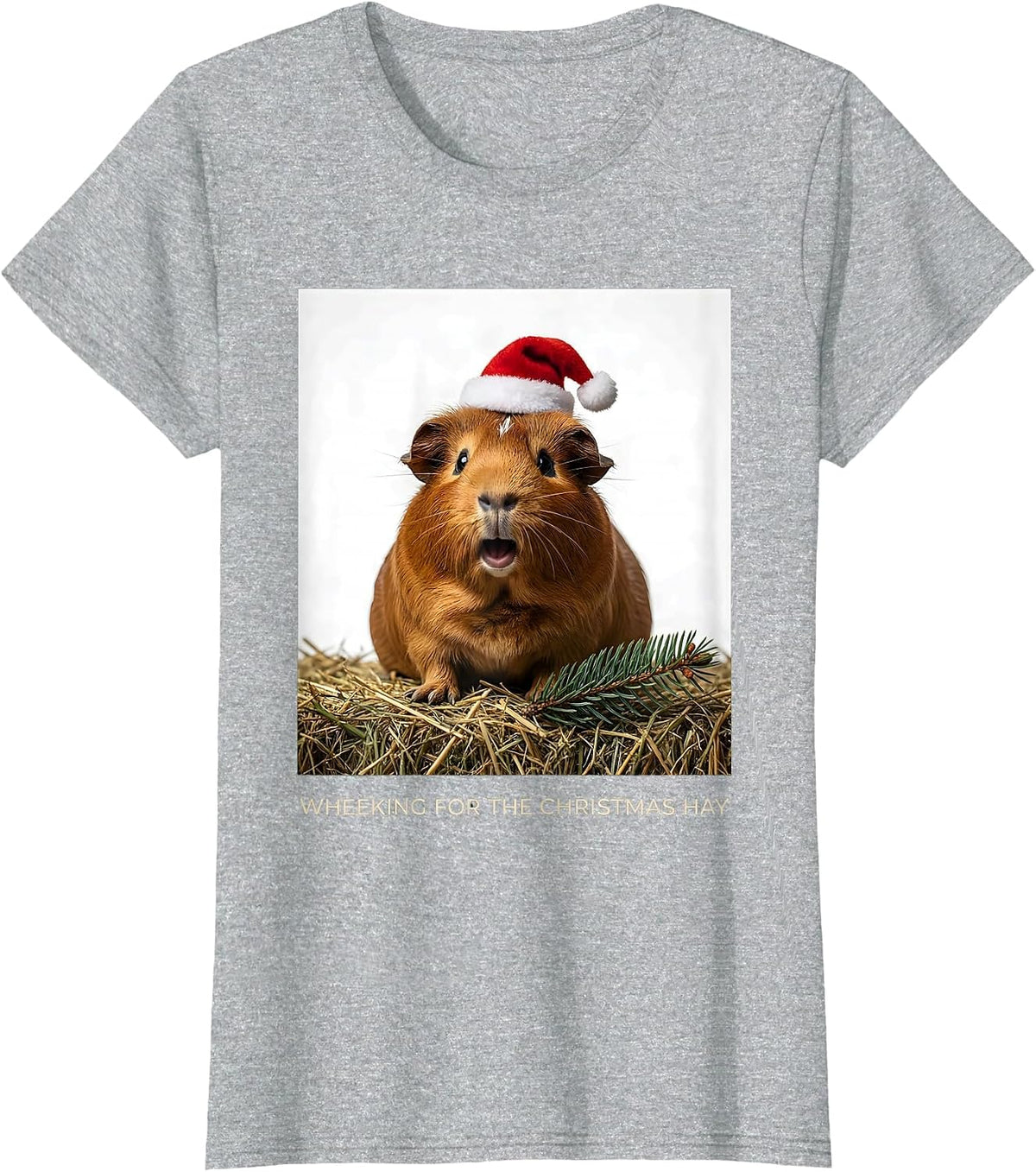 Women's Wheeking For The Christmas Hay Funny Guinea Pig Santa Hat T-Shirt - Heather Grey