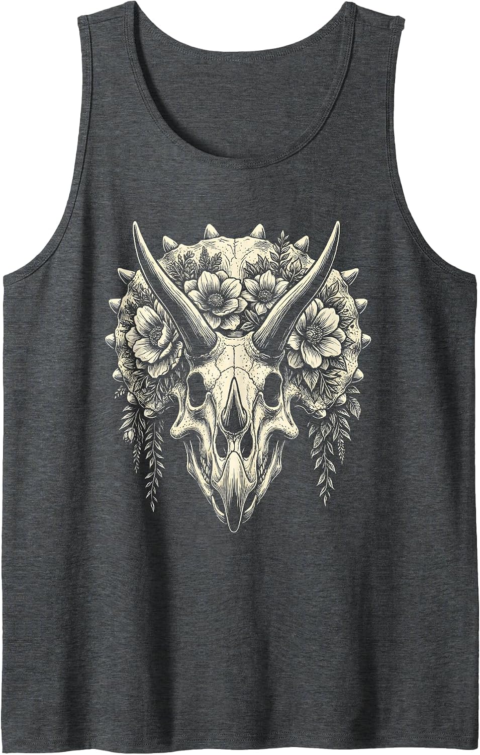 Triceratops Skull Floral Crown Dinosaur Art Tank Top - Dark Heather Grey