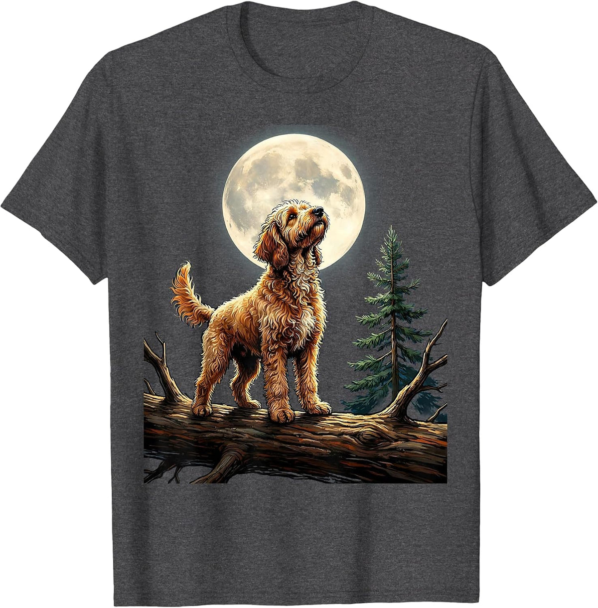Goldendoodle Howling to The Moon Retro 90s Dog Meme T-Shirt - Dark Heather Grey