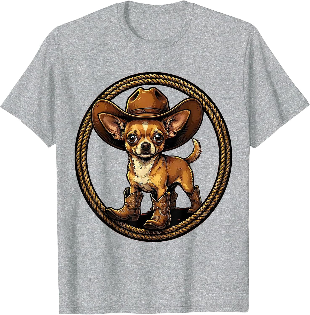 Men's Funny Chihuahua Cowboy Hat and Boots Illustration T-Shirt - Heather Grey