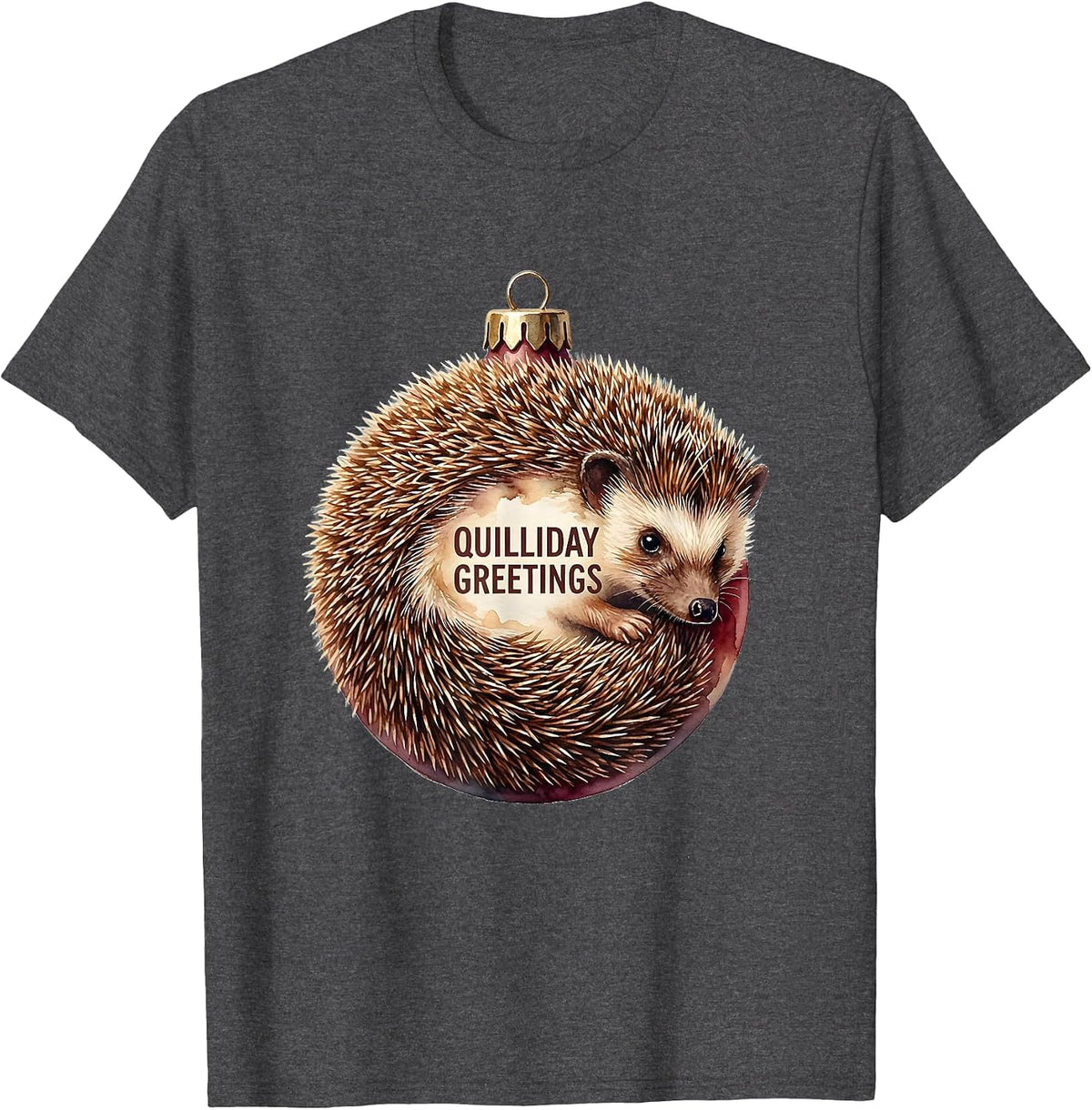 Quilliday Greetings Watercolor Hedgehog Christmas Cute T-Shirt - Dark Heather Grey