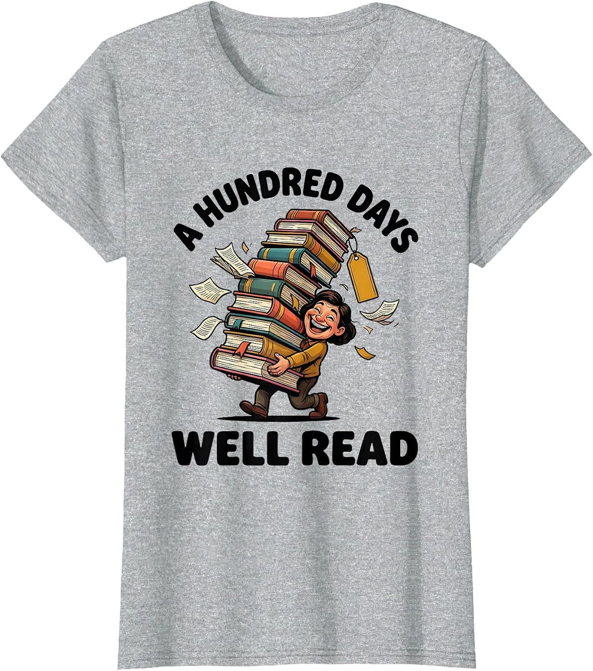 Women's A Hundred Days Well Read Cartoon Reading Teacher Librarian T-Shirt - Heather Grey