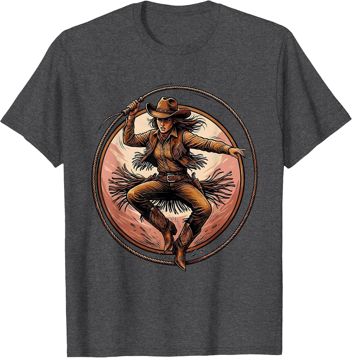 Men's Cowgirl Rope Tricks Rodeo Illustration T-Shirt - Dark Heather Grey