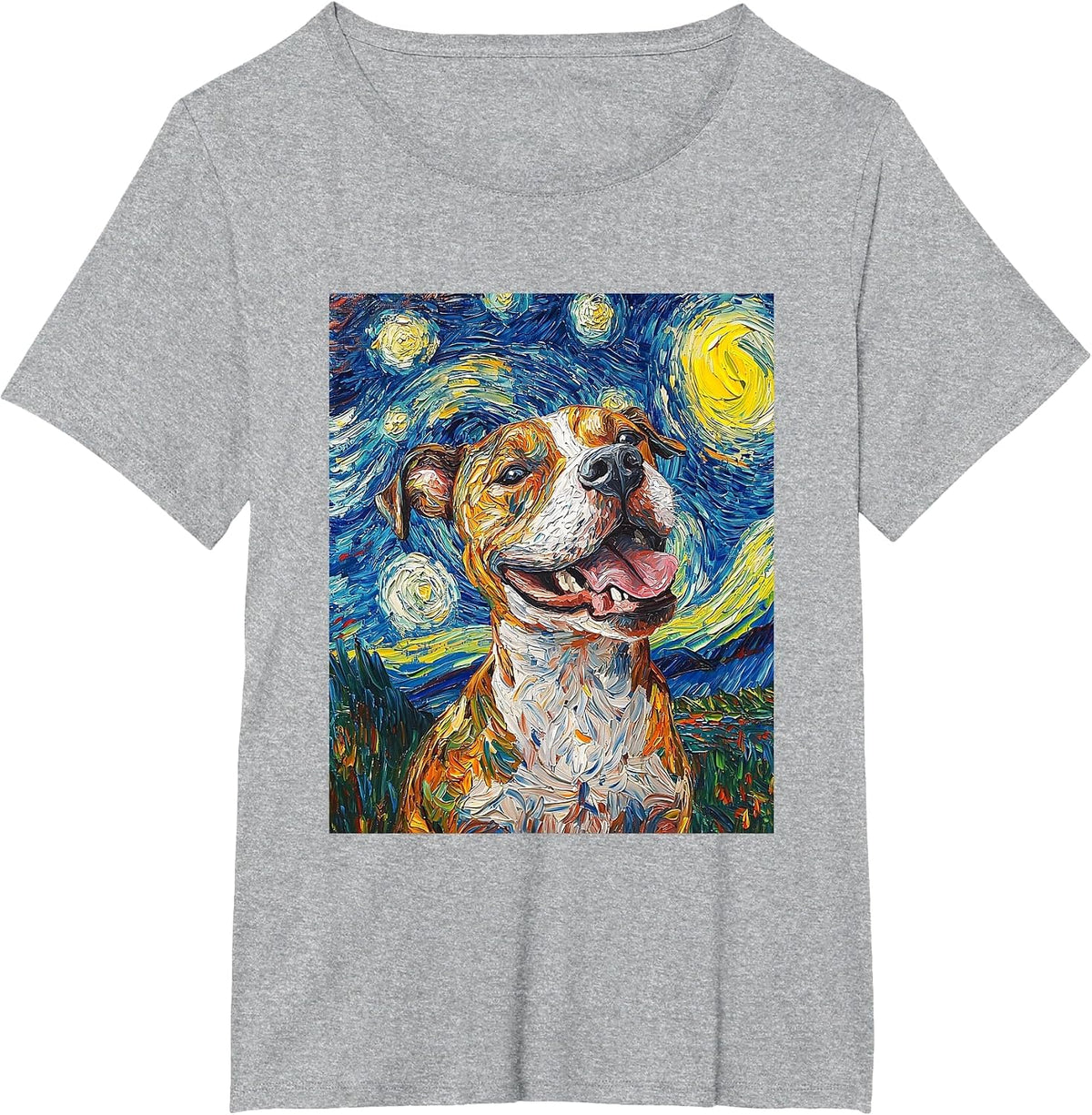 Pitbull Dog Pittie Van Gogh Style Starry Night Graphic T-Shirt - Heather Grey