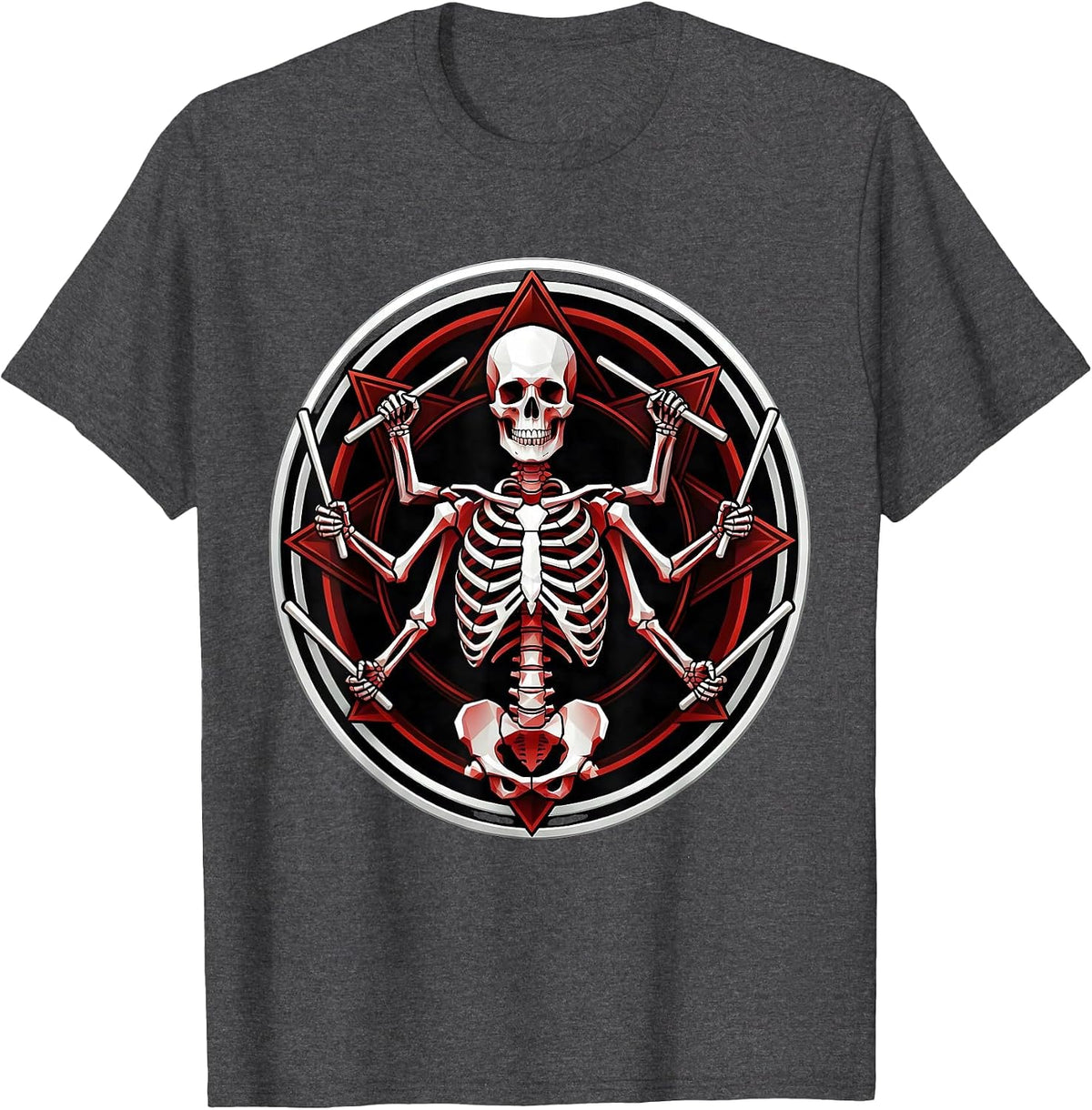 Men's Multi-Armed Skeleton Drummer Metal Band Graphic T-Shirt - Dark Heather Grey