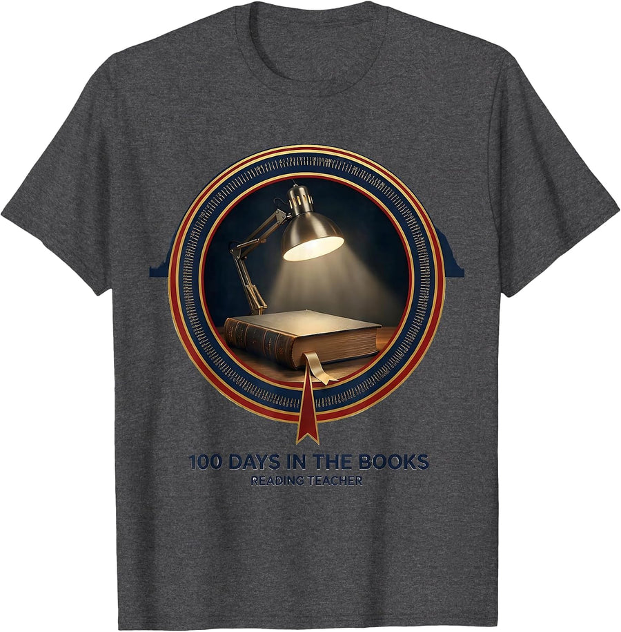 100 Days In The Books Reading Teacher 100th Day of School T-Shirt - Dark Heather Grey