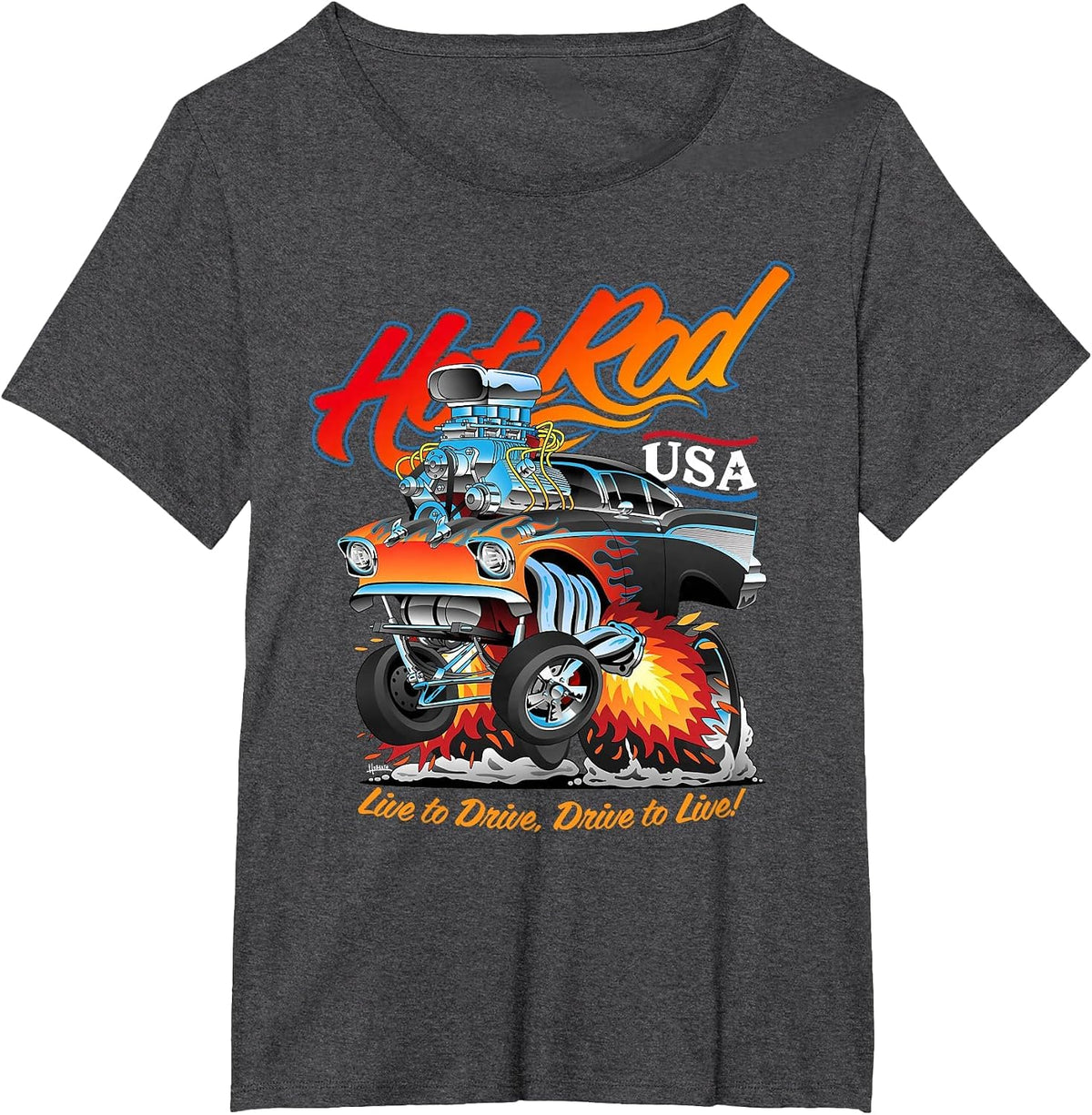 Hotrod USA Classic Muscle Car Cartoon Hotrod Funny Car T-Shirt - Dark Heather Grey