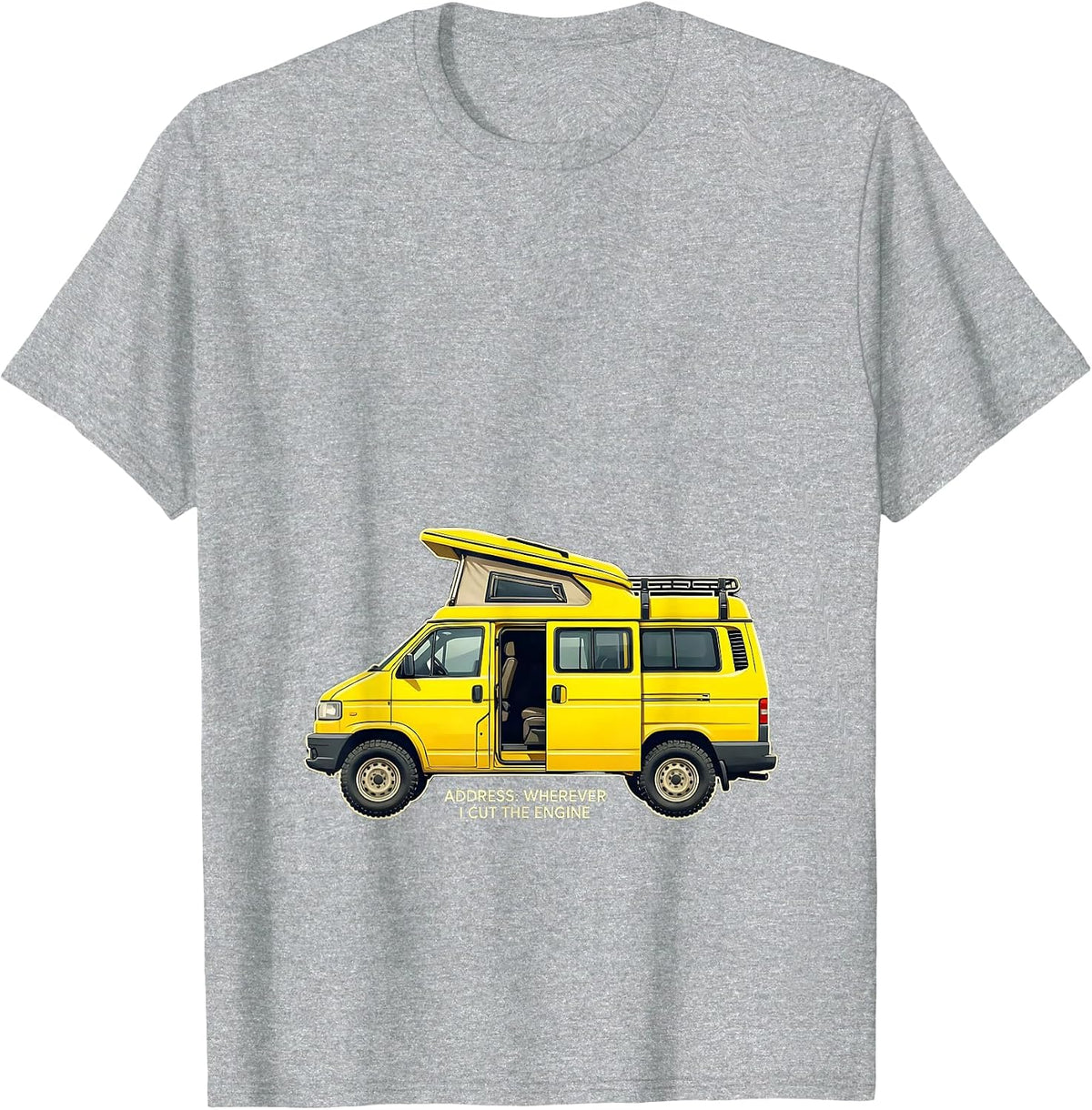 Men's Address: Wherever I Cut The Engine Retro Van Life Camper Van T-Shirt - Heather Grey