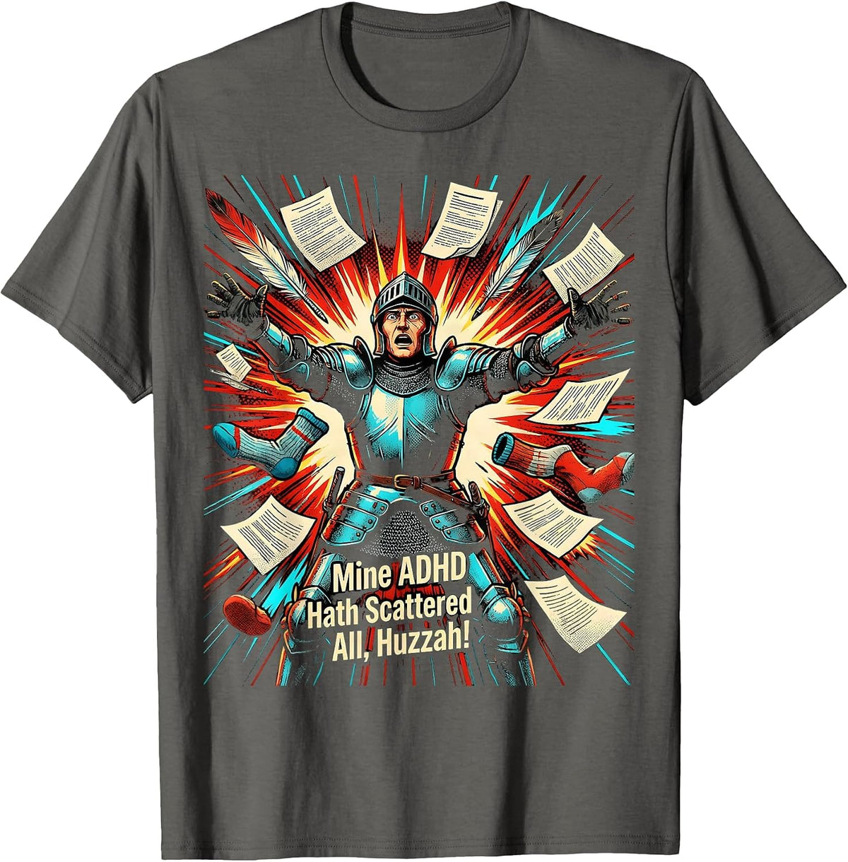Mine ADHD Hath Scattered All Huzzah Pop Art Neurodivergent T-Shirt - Asphalt Grey