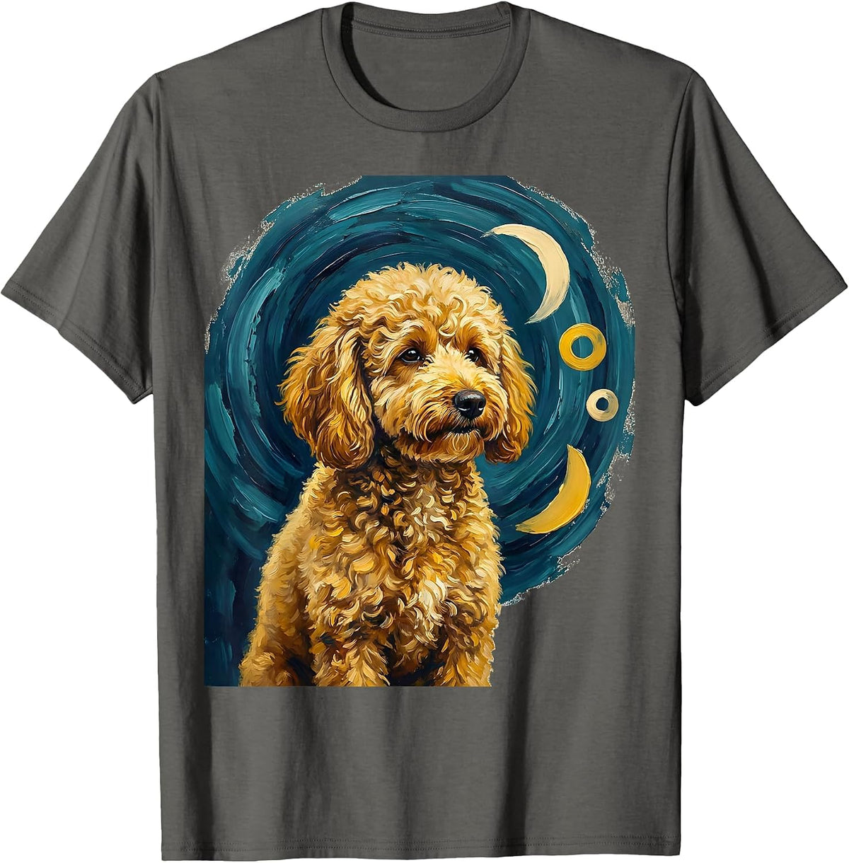 Goldendoodle Van Gogh Starry Night Breed Portrait T-Shirt - Asphalt Grey