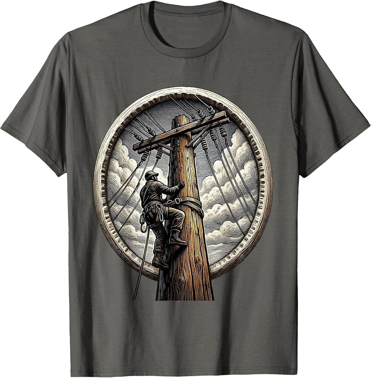 Lineman Climbing Utility Pole Graphic Tee T-Shirt - Asphalt Grey