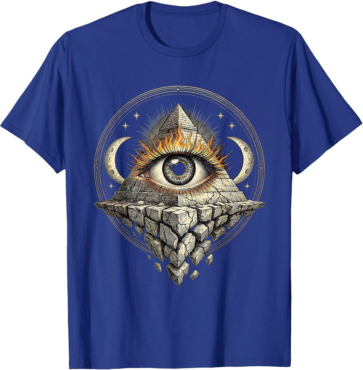 Flaming Eye Crumbling Pyramid Metal Graphic T-Shirt - Royal Blue