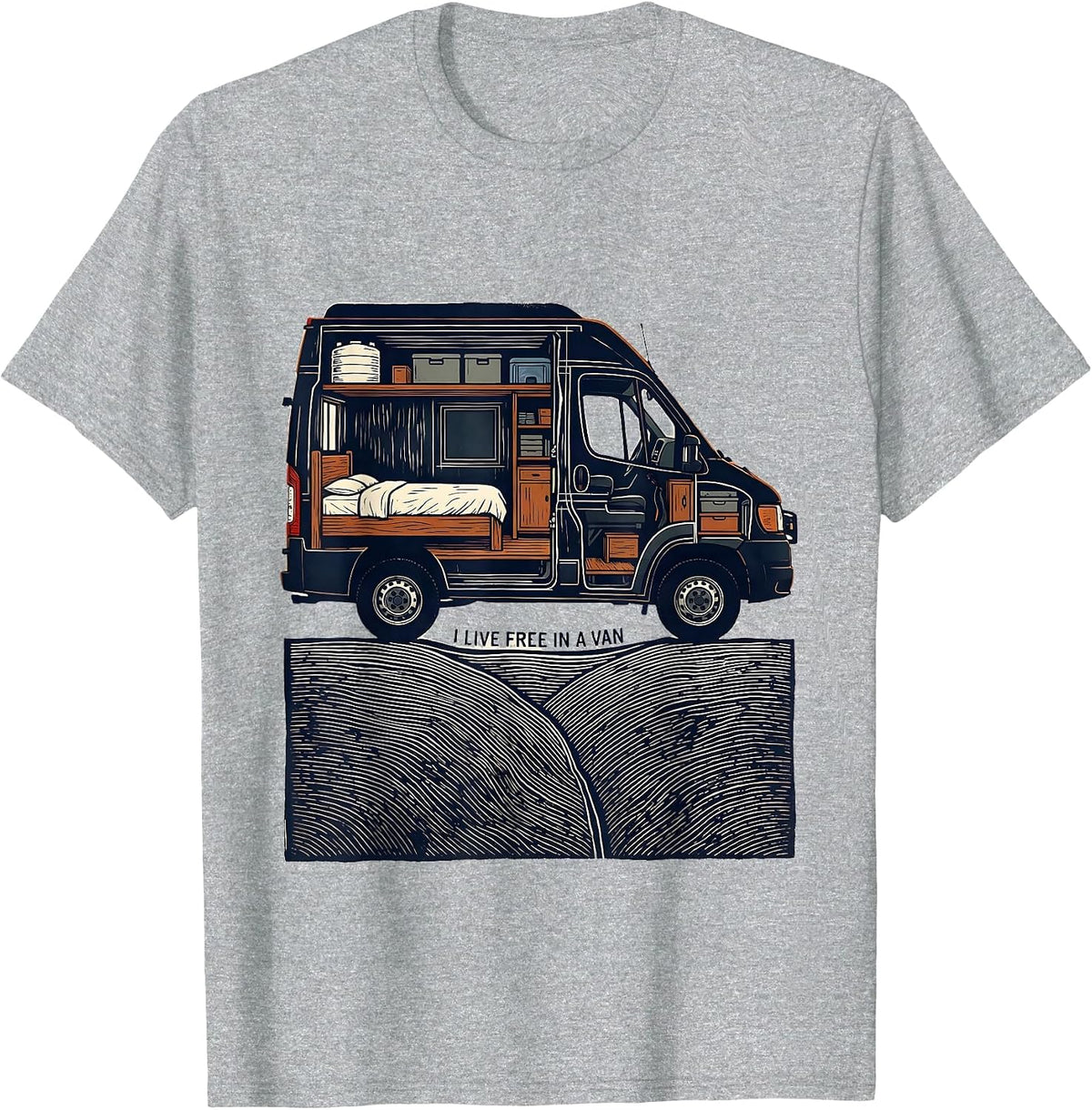 Men's I Live Free In A Van Retro Van Life Nomads Dwellers T-Shirt - Heather Grey
