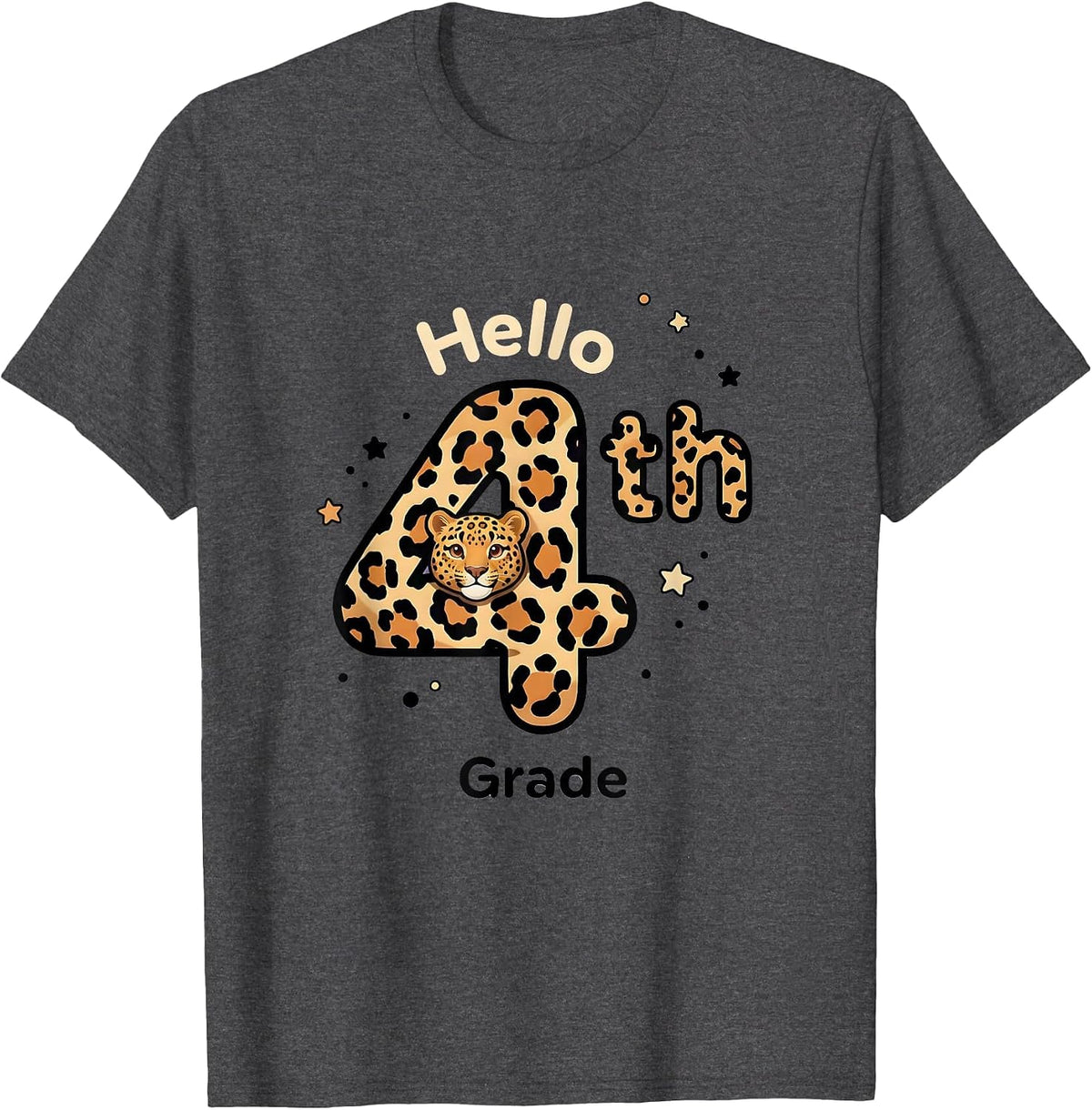 Men's Hello 4th Grade Cute Kawaii Leopard Teacher Student Back T-Shirt - Dark Heather Grey