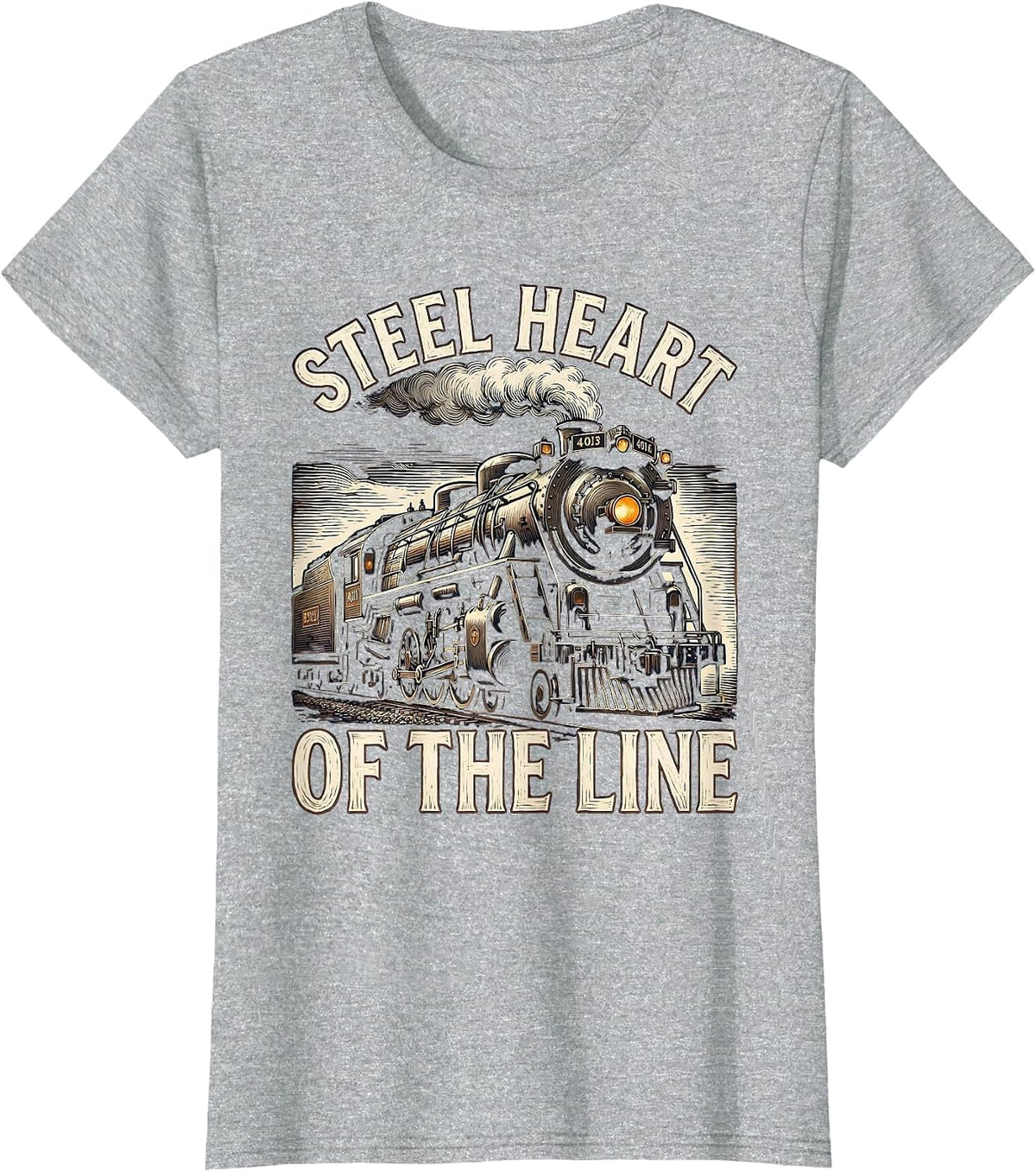 Women's Steel Heart Of The Line Vintage Steam Locomotive Railroad T-Shirt - Heather Grey