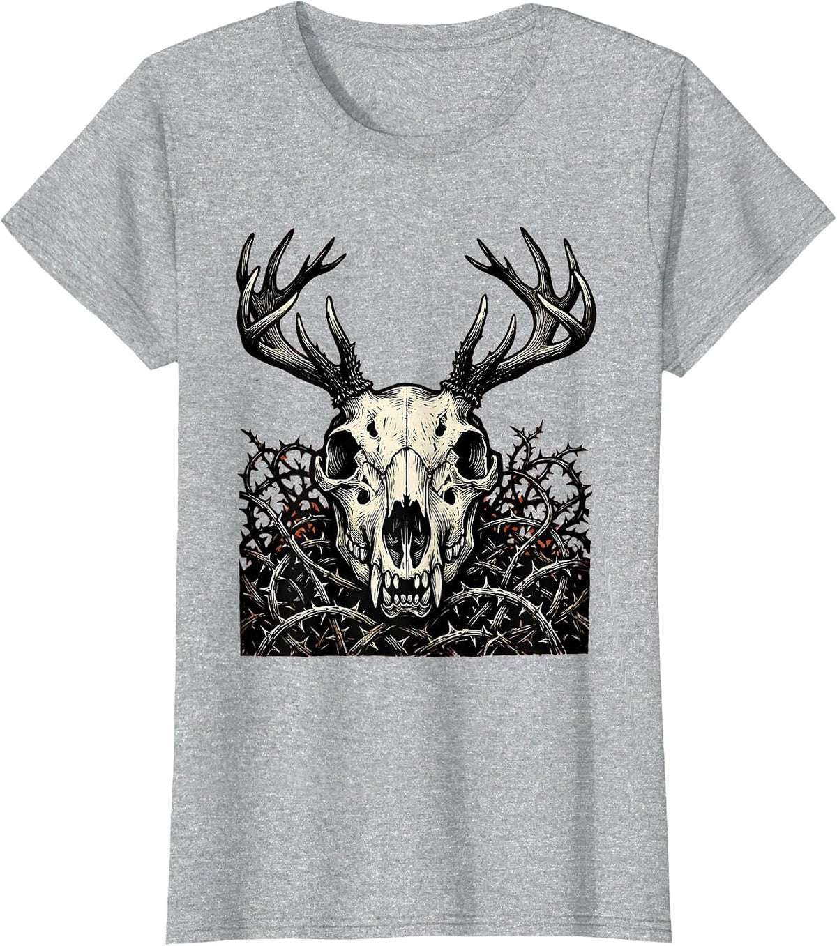 Wolf Skull Crowned Antlers and Thorns Halloween T-Shirt - Heather Grey