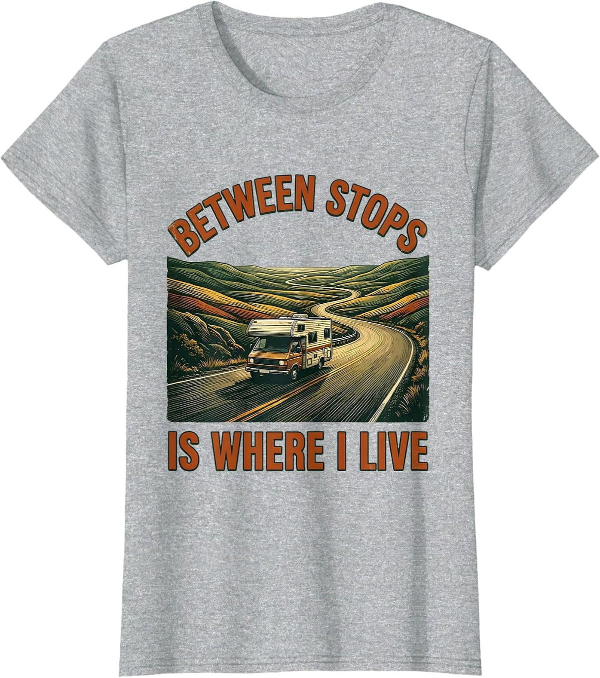 Women's Between Stops Is Where I Live Vintage Van Life Road Trip T-Shirt - Heather Grey