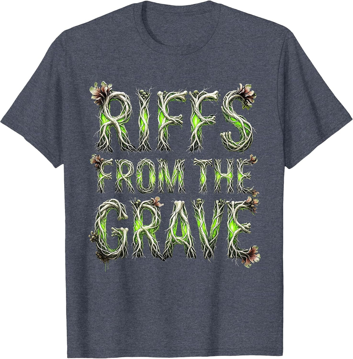 Riffs from the Grave Death Metal Graphic Design T-Shirt - Heather Blue