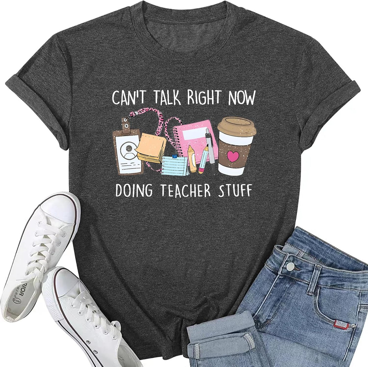 Teacher Shirts Women Funny Teacher Life T-Shirt Half Teacher Half Coffee Graphic Tee Back to School Short Sleeve Tops - Grey