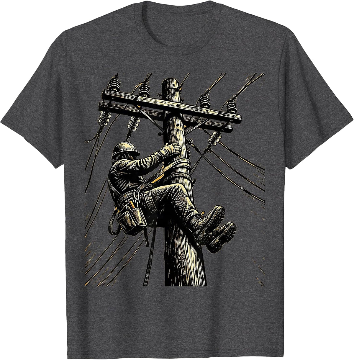 Lineman Utility Pole Climber Graphic Tee T-Shirt - Dark Heather Grey