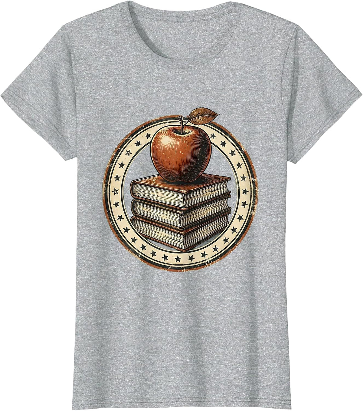 Daycare Teacher Stack of Books Apple Illustration T-Shirt - Heather Grey