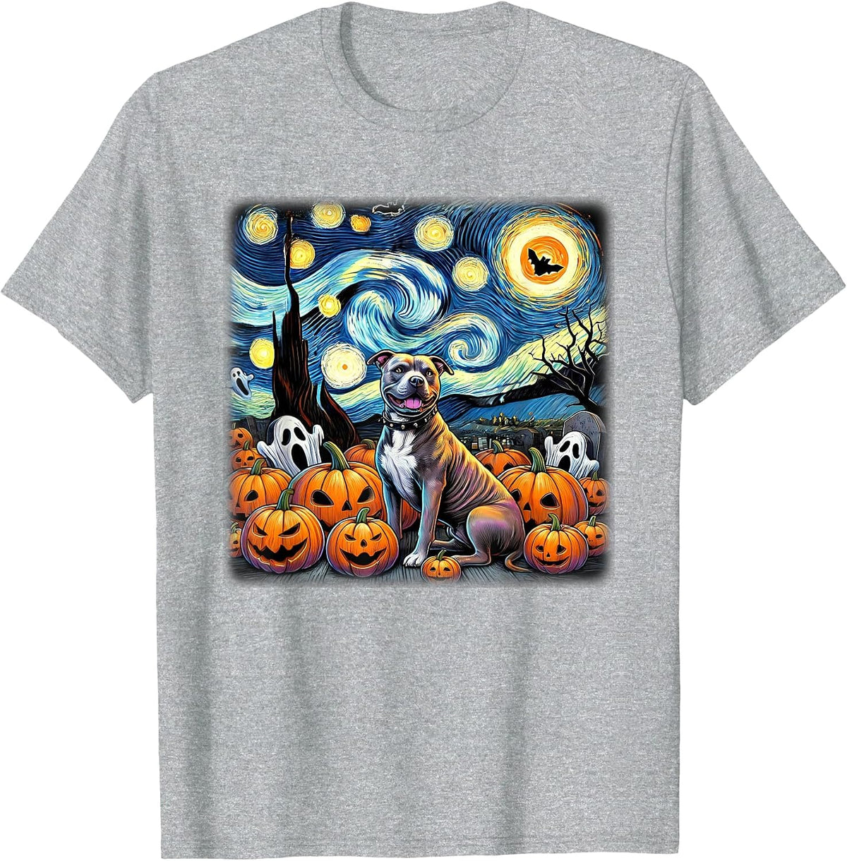 Starry Night Pitbull Halloween T-Shirt - Heather Grey