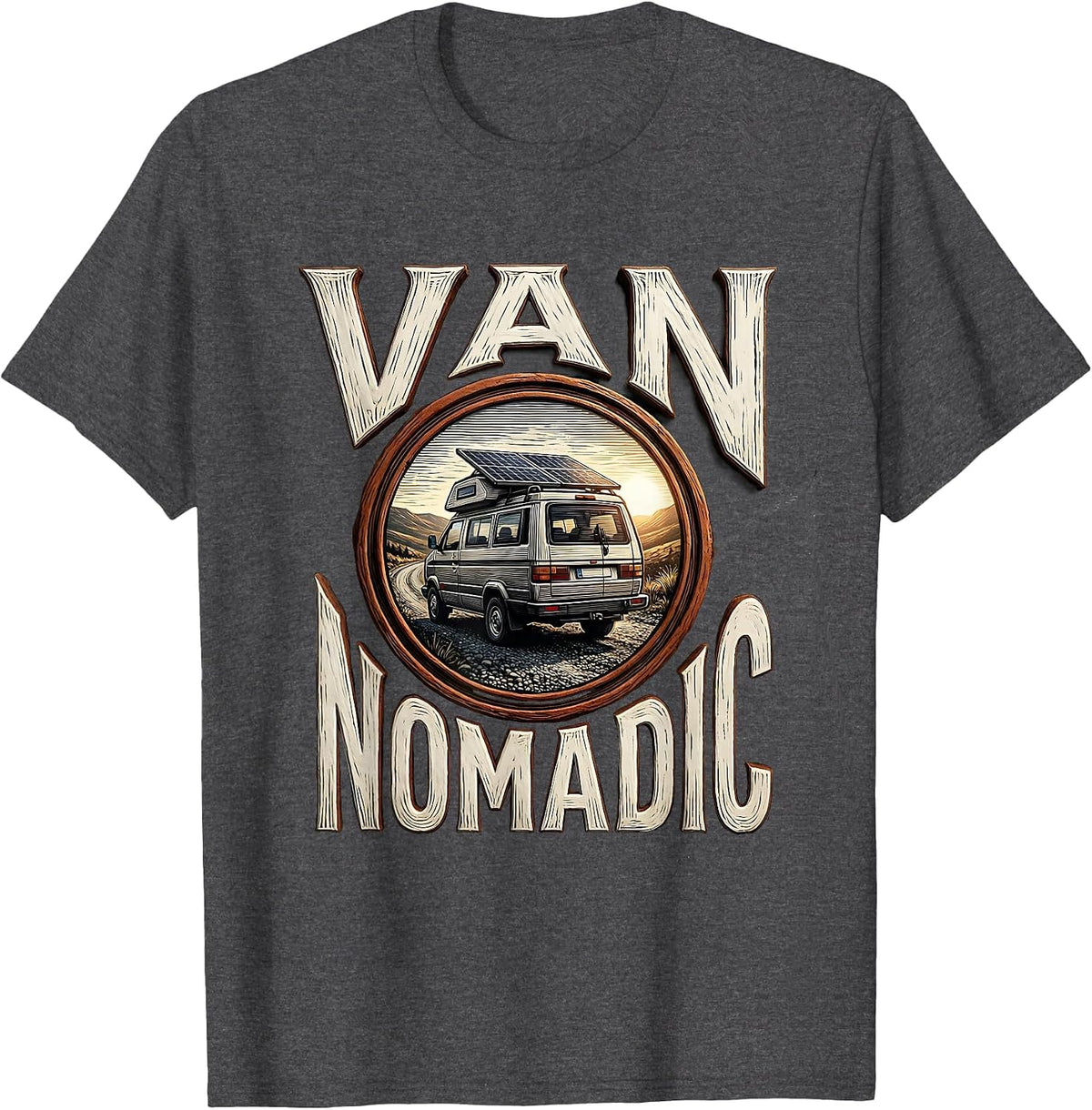 Van Nomadic Woodcut Engraving Campervan Van Life Enthusiast T-Shirt - Dark Heather Grey
