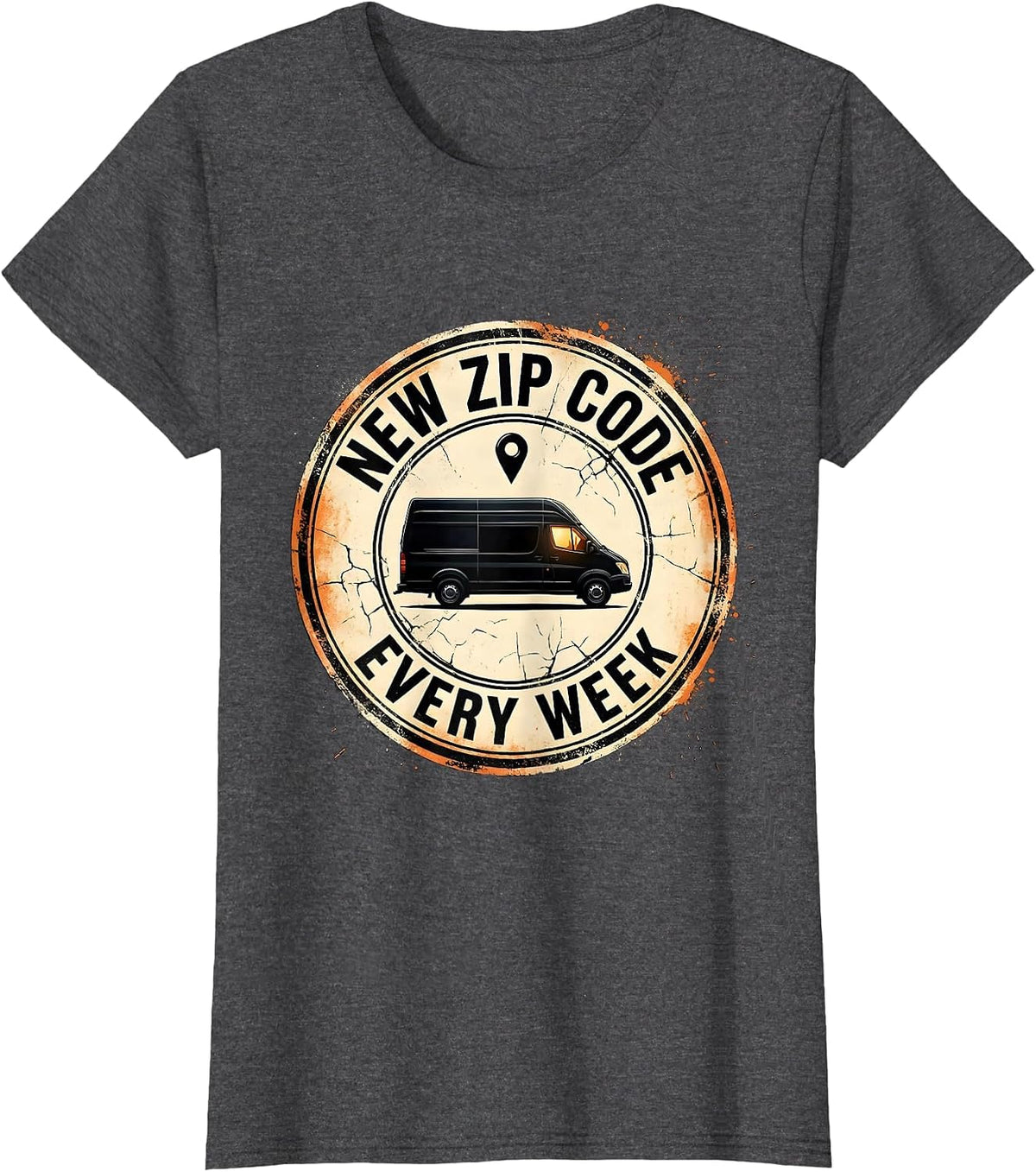 Women's New Zip Code Every Week Distressed Van Life Retro Road Trip T-Shirt - Dark Heather Grey