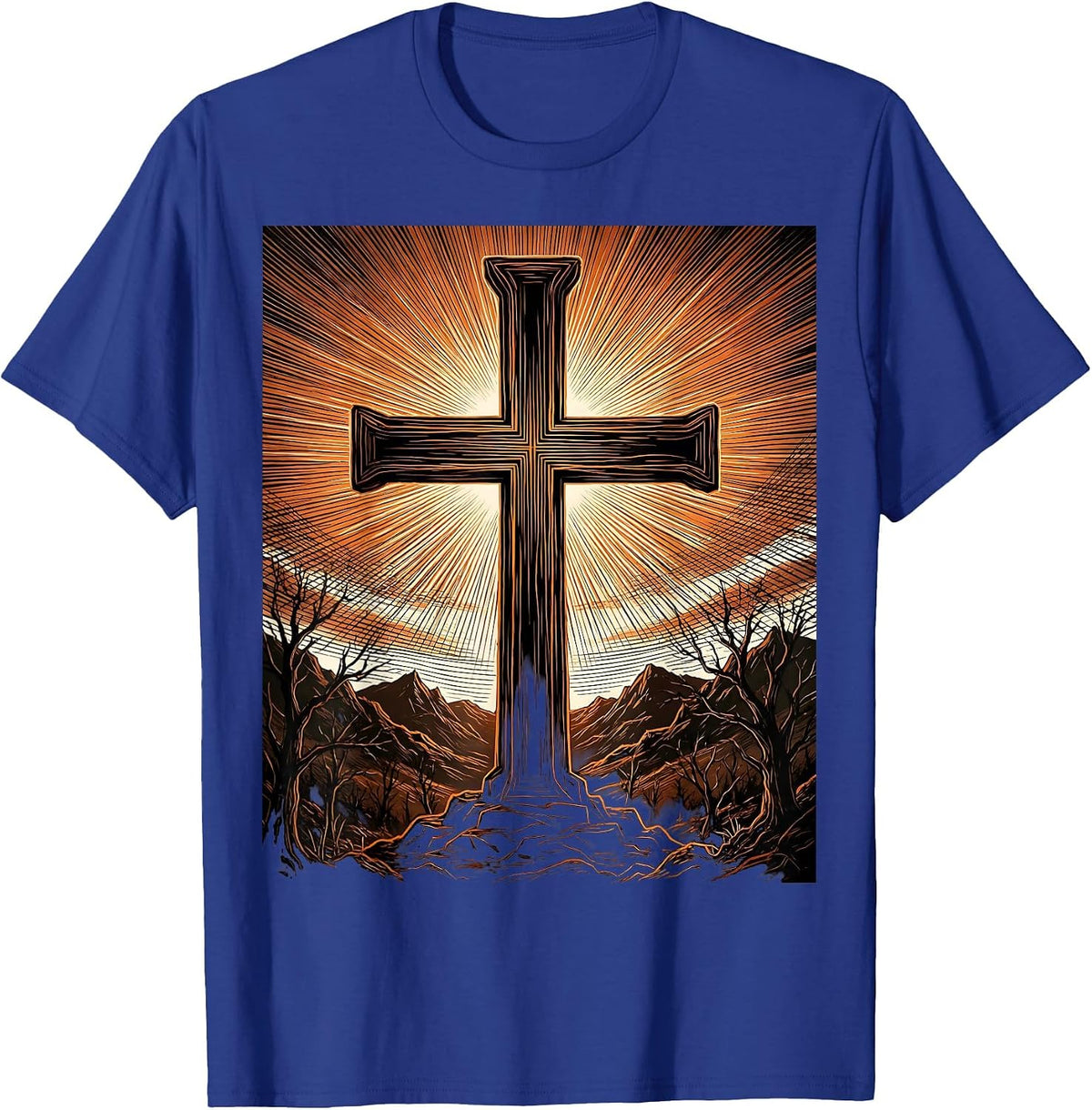 Cross Silhouette Fiery Sunset Sky Graphic T-Shirt - Royal Blue