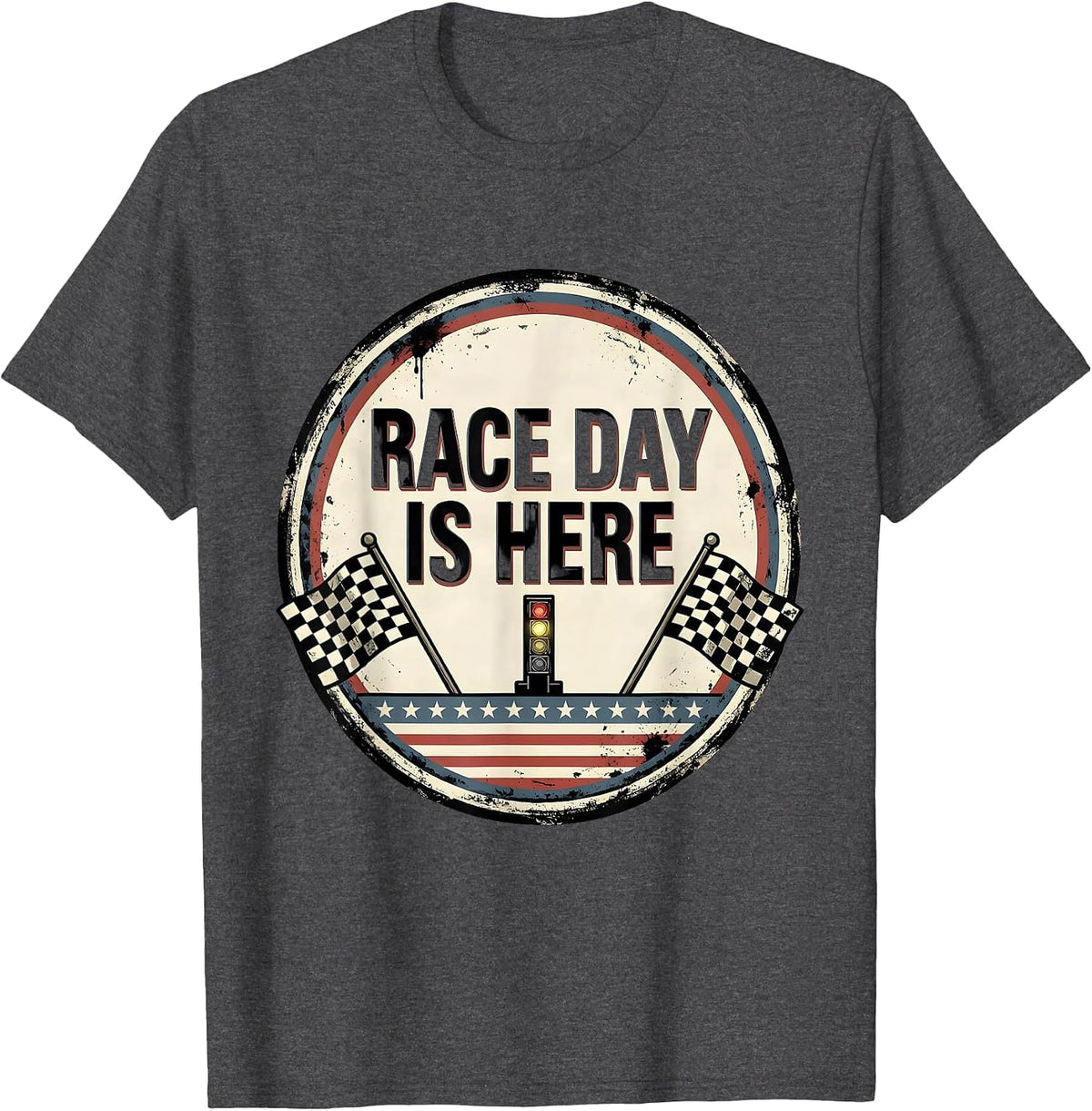 Men's Race Day Is Here Distressed Checkered Flag American Flag T-Shirt - Dark Heather Grey