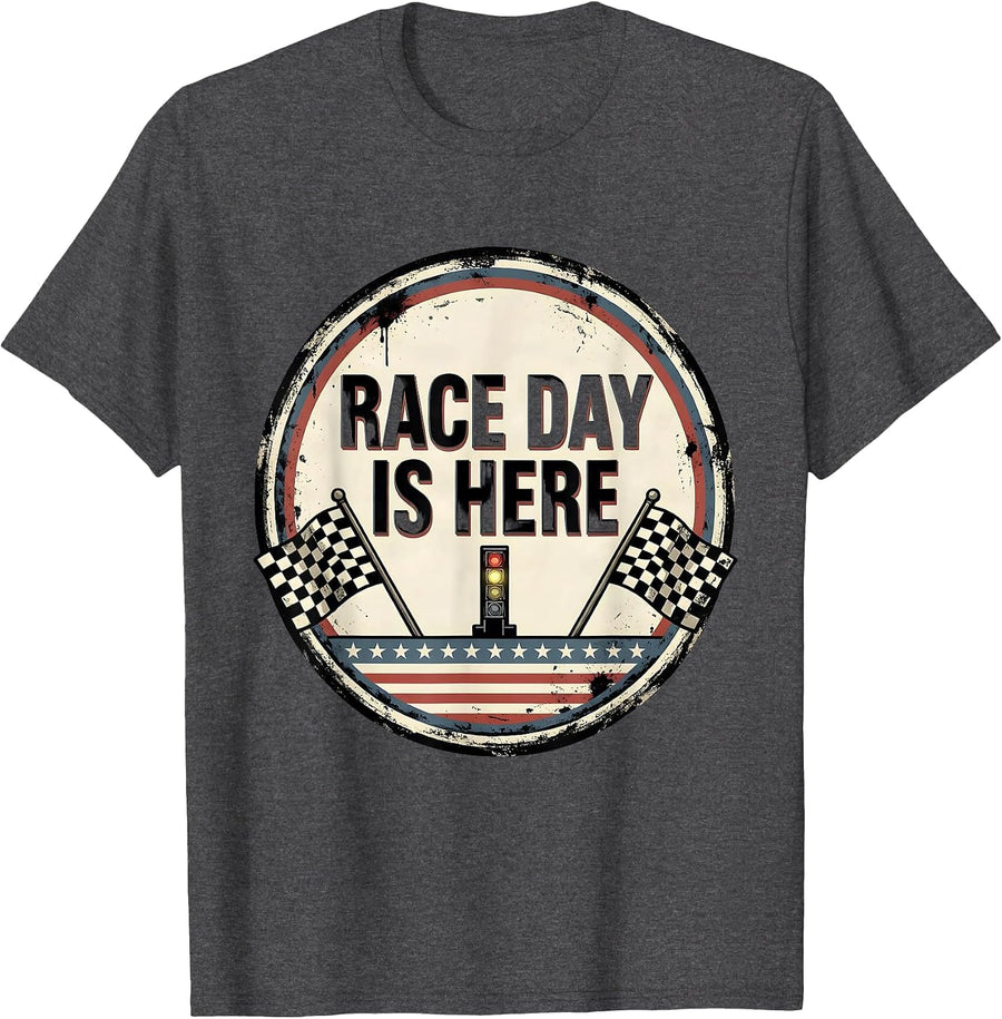 Men's Race Day Is Here Distressed Checkered Flag American Flag T-Shirt - Dark Heather Grey