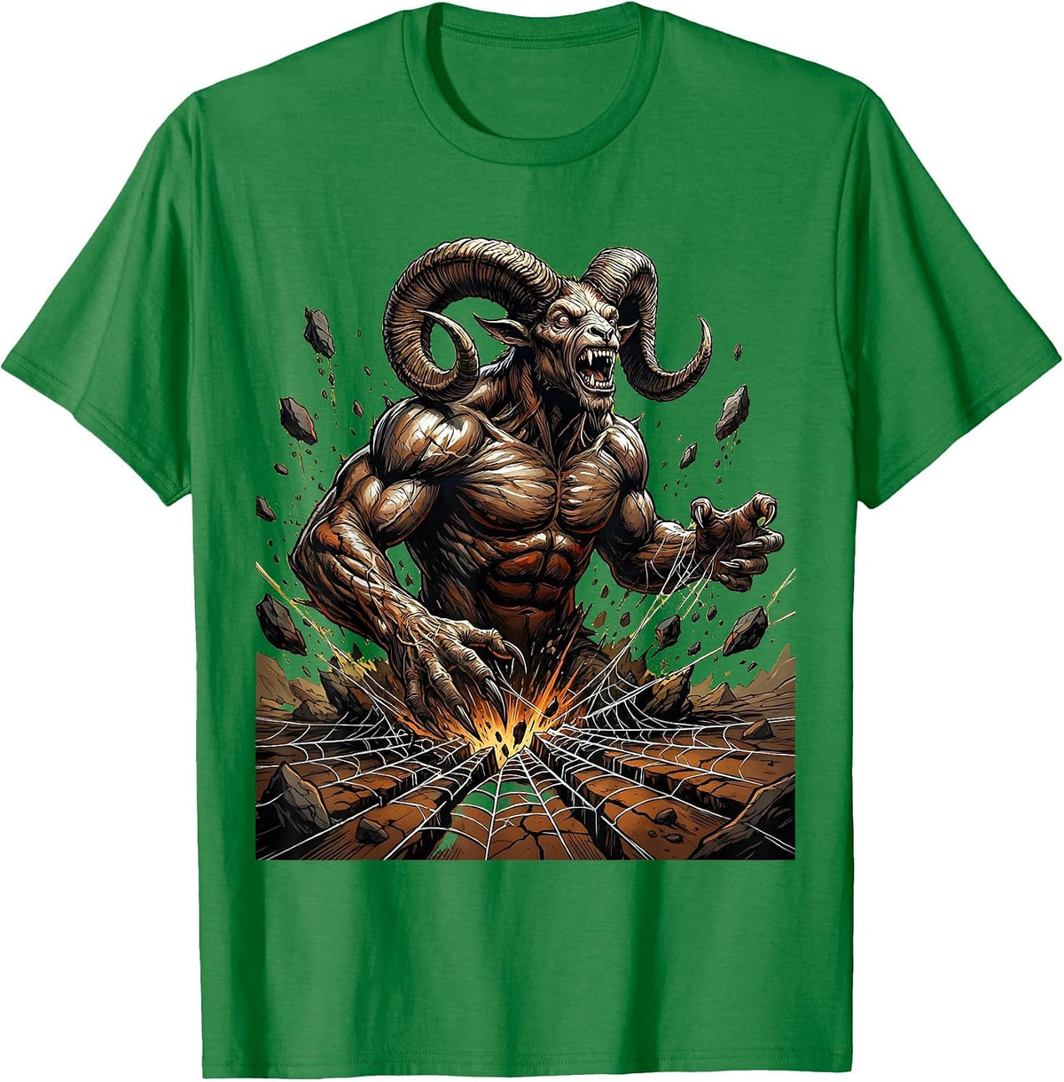 Men's Horned Demon Rising From Cracked Earth T-Shirt - Kelly Green